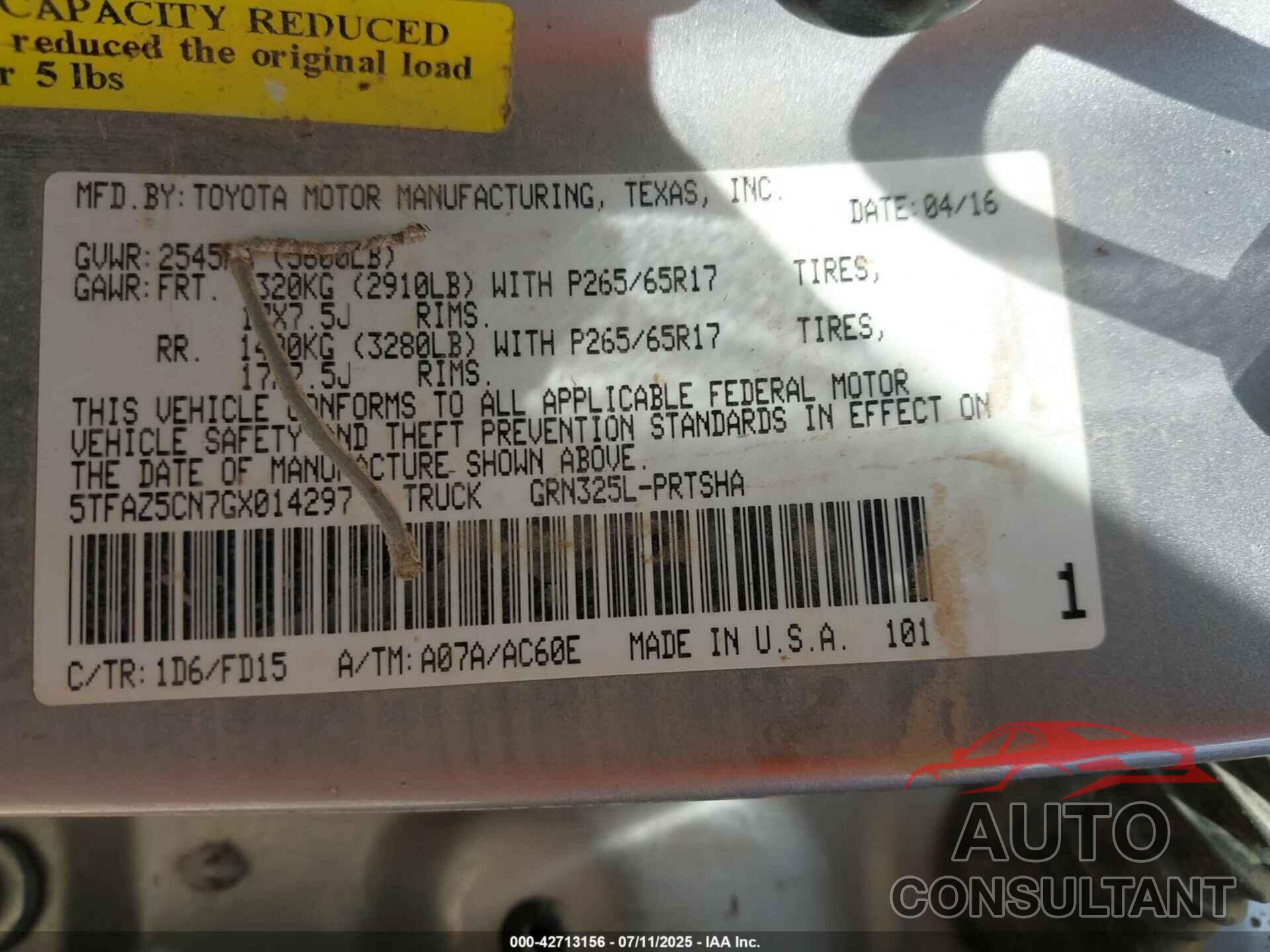 TOYOTA TACOMA 2016 - 5TFAZ5CN7GX014297