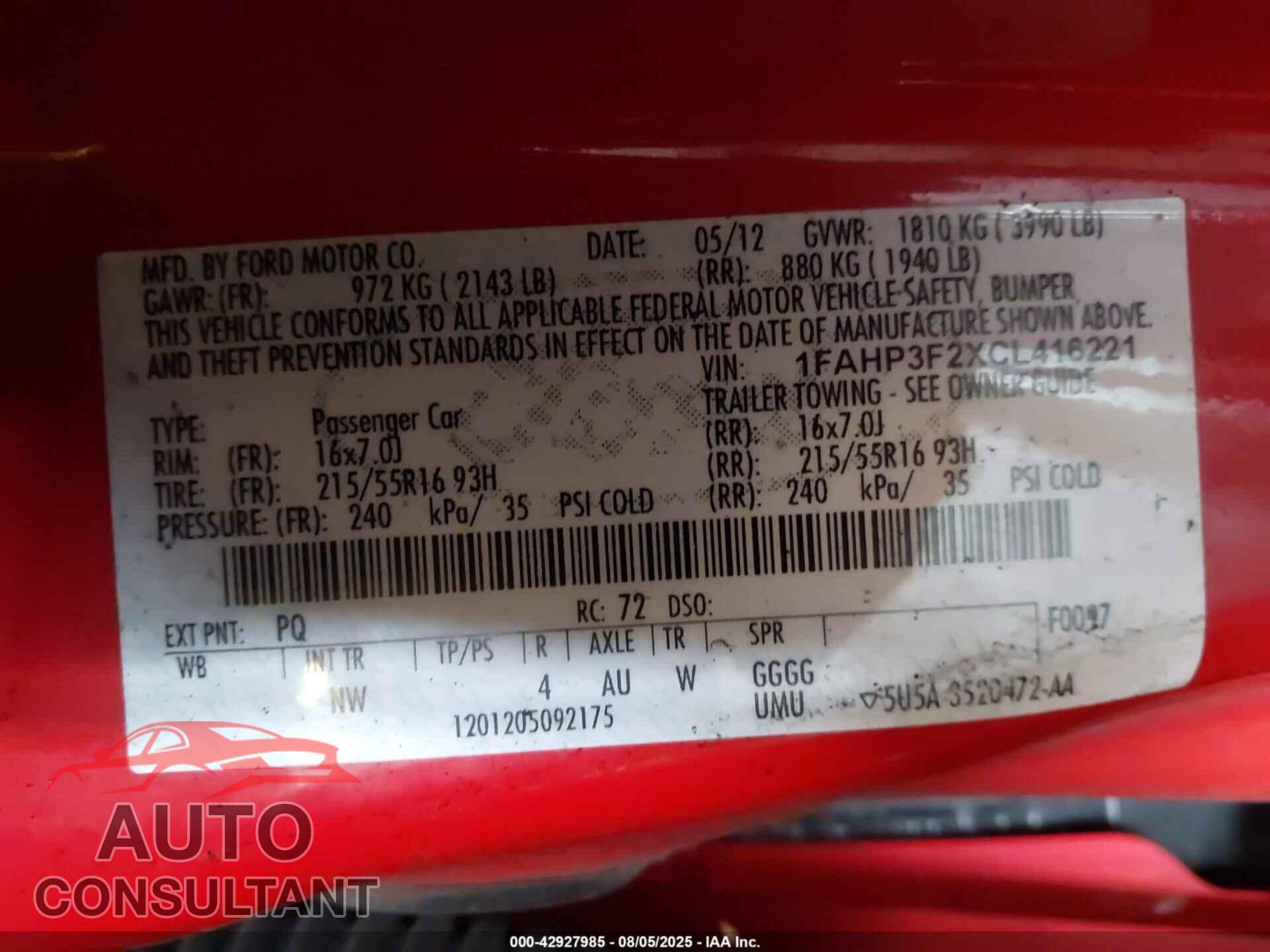 FORD FOCUS 2012 - 1FAHP3F2XCL416221