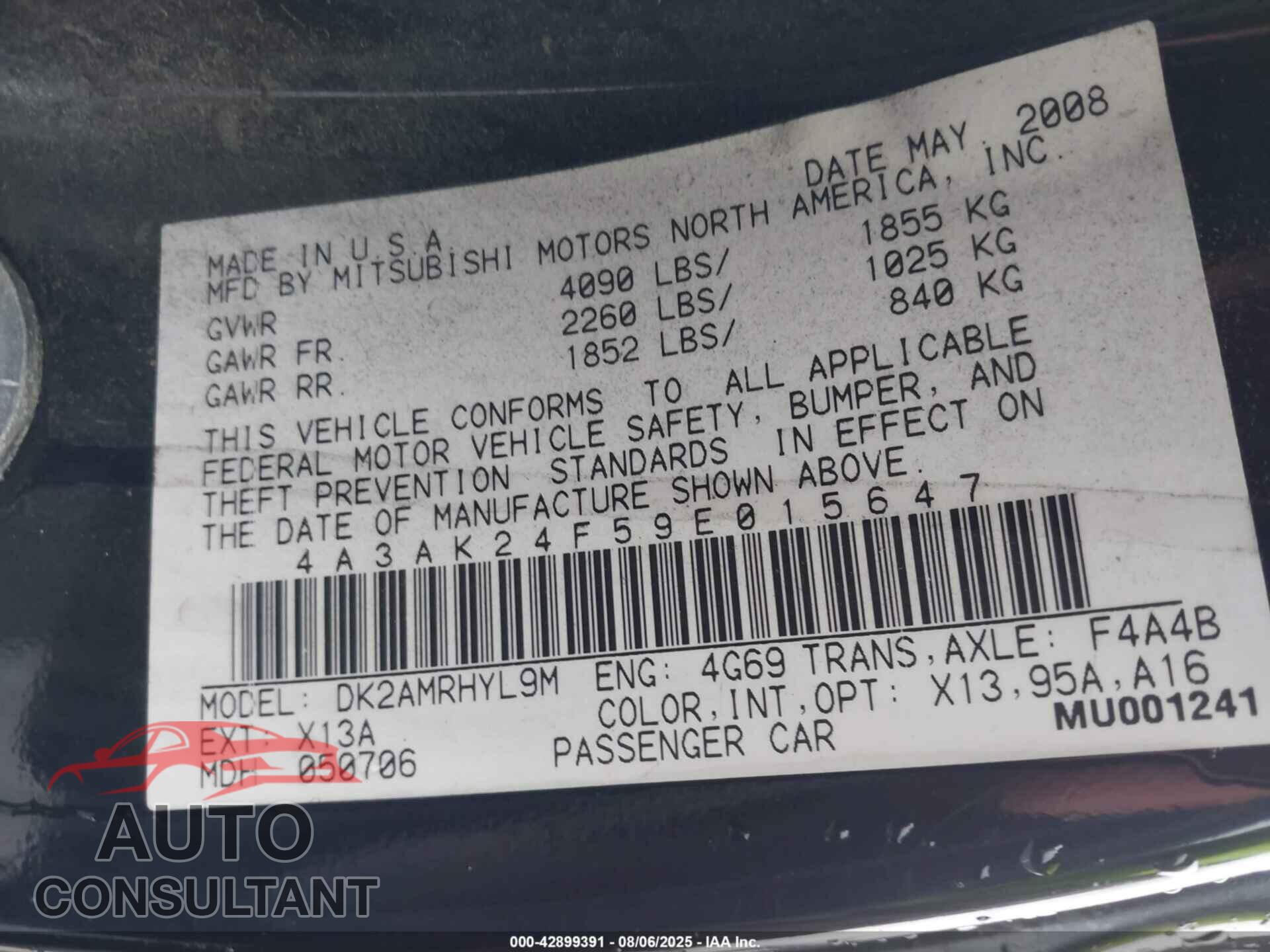 MITSUBISHI ECLIPSE 2009 - 4A3AK24F59E015647