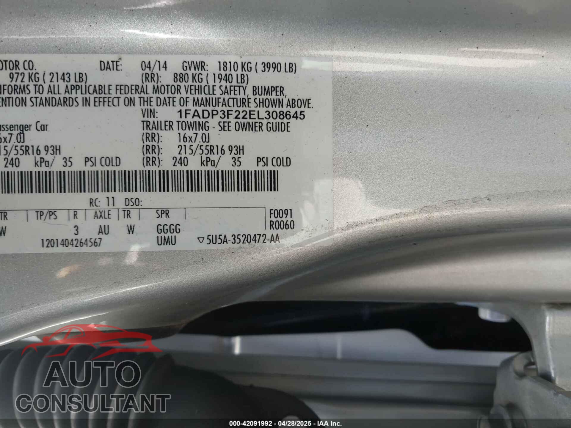 FORD FOCUS 2014 - 1FADP3F22EL308645