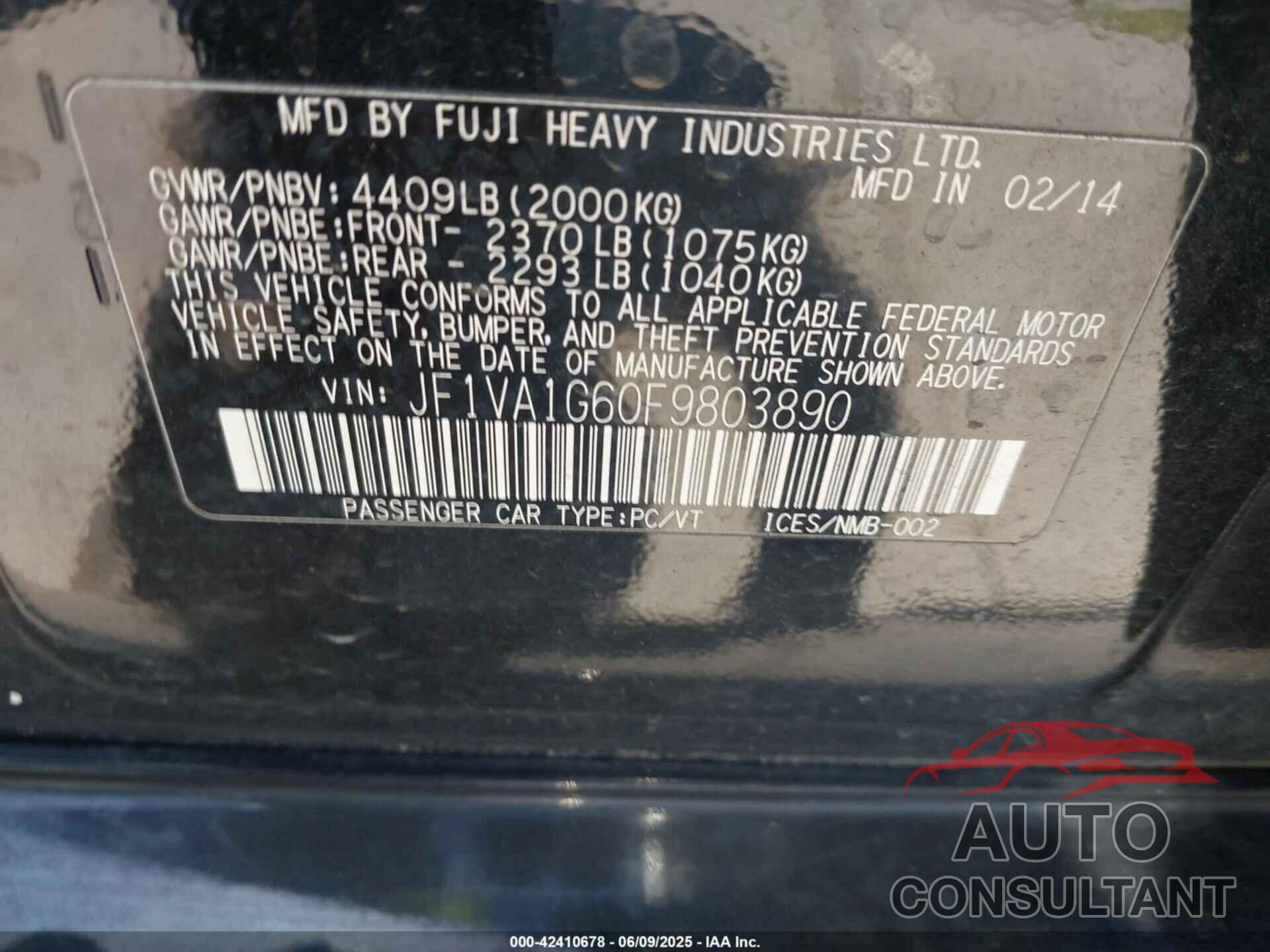 SUBARU WRX 2015 - JF1VA1G60F9803890