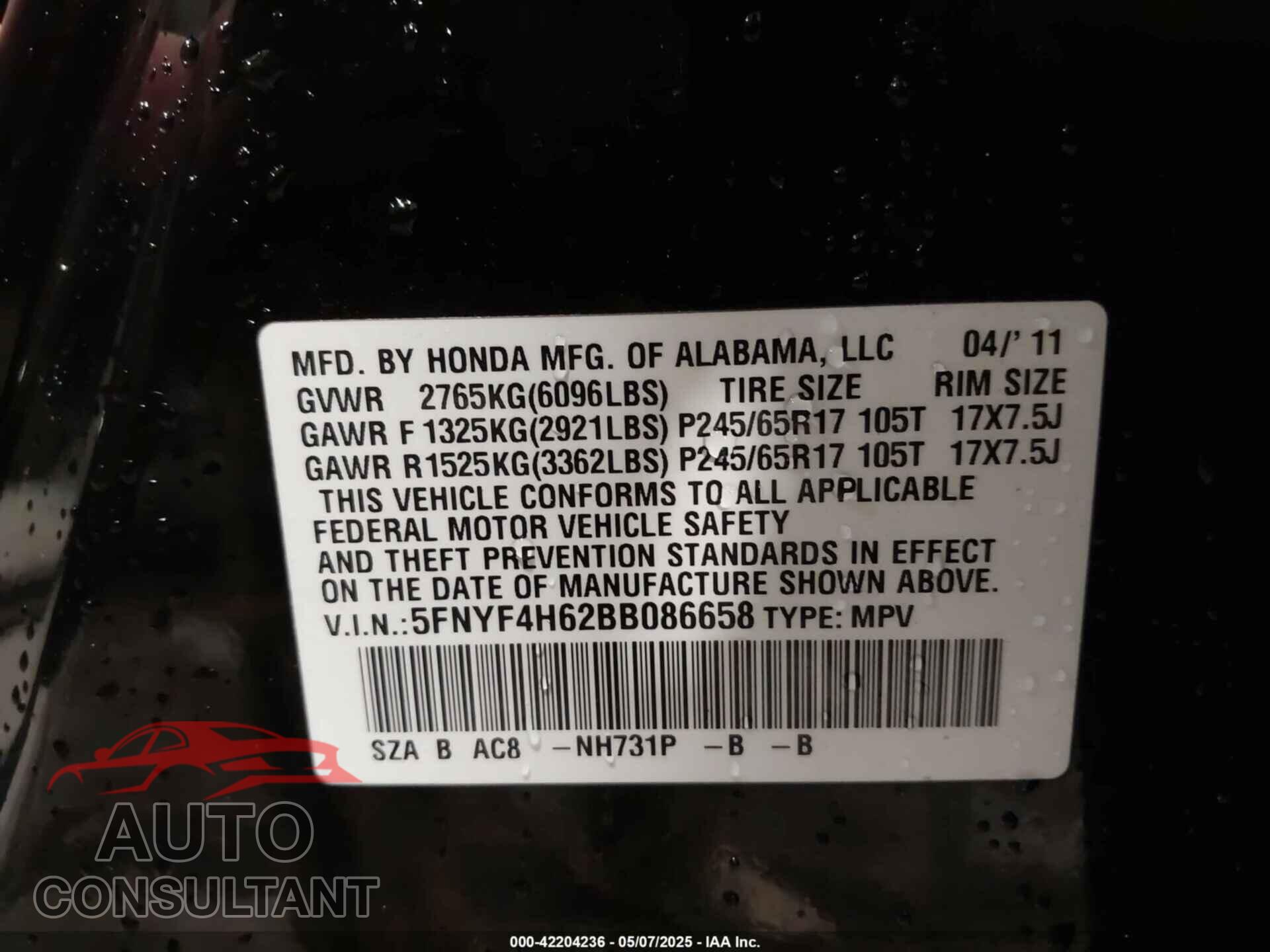 HONDA PILOT 2011 - 5FNYF4H62BB086658