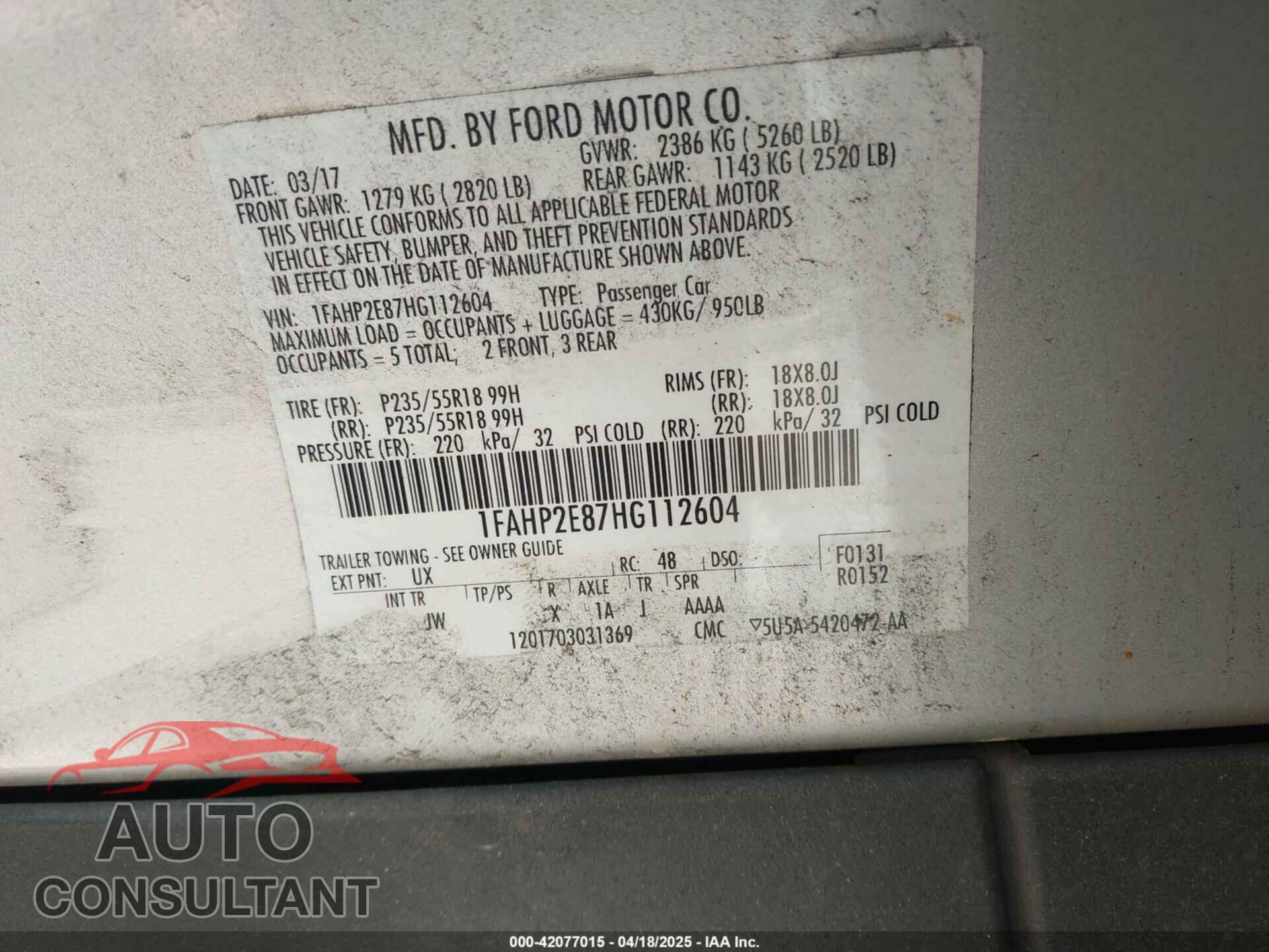 FORD TAURUS 2017 - 1FAHP2E87HG112604