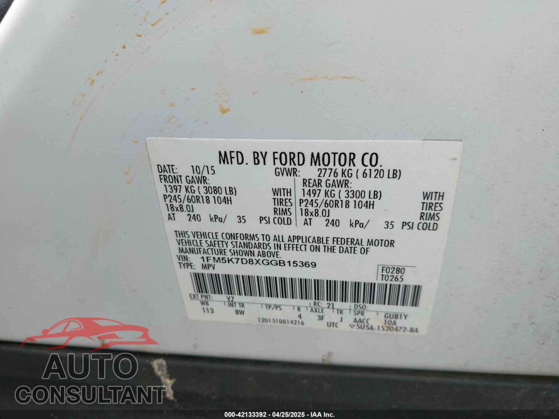 FORD EXPLORER 2016 - 1FM5K7D8XGGB15369