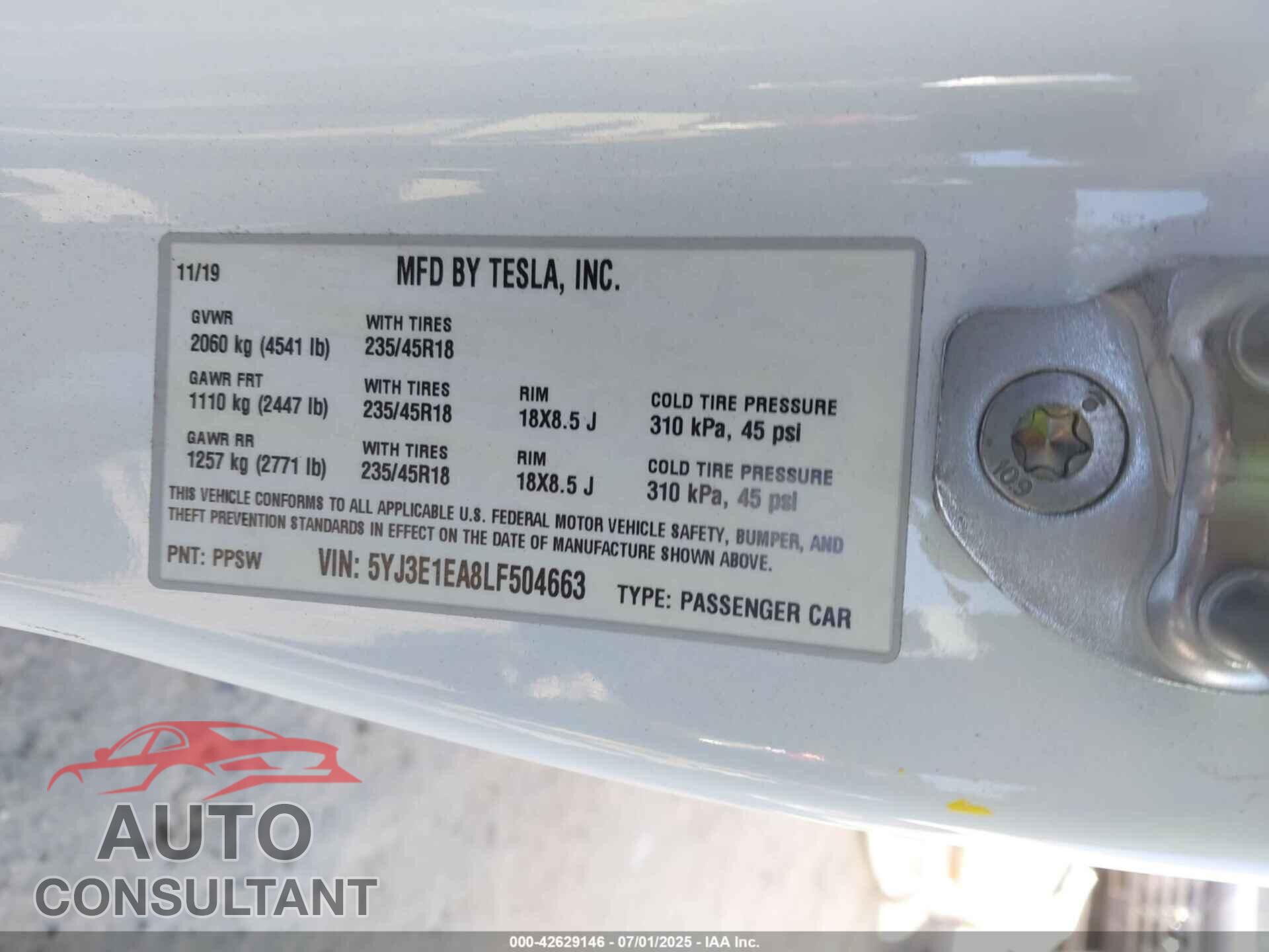 TESLA MODEL 3 2020 - 5YJ3E1EA8LF504663