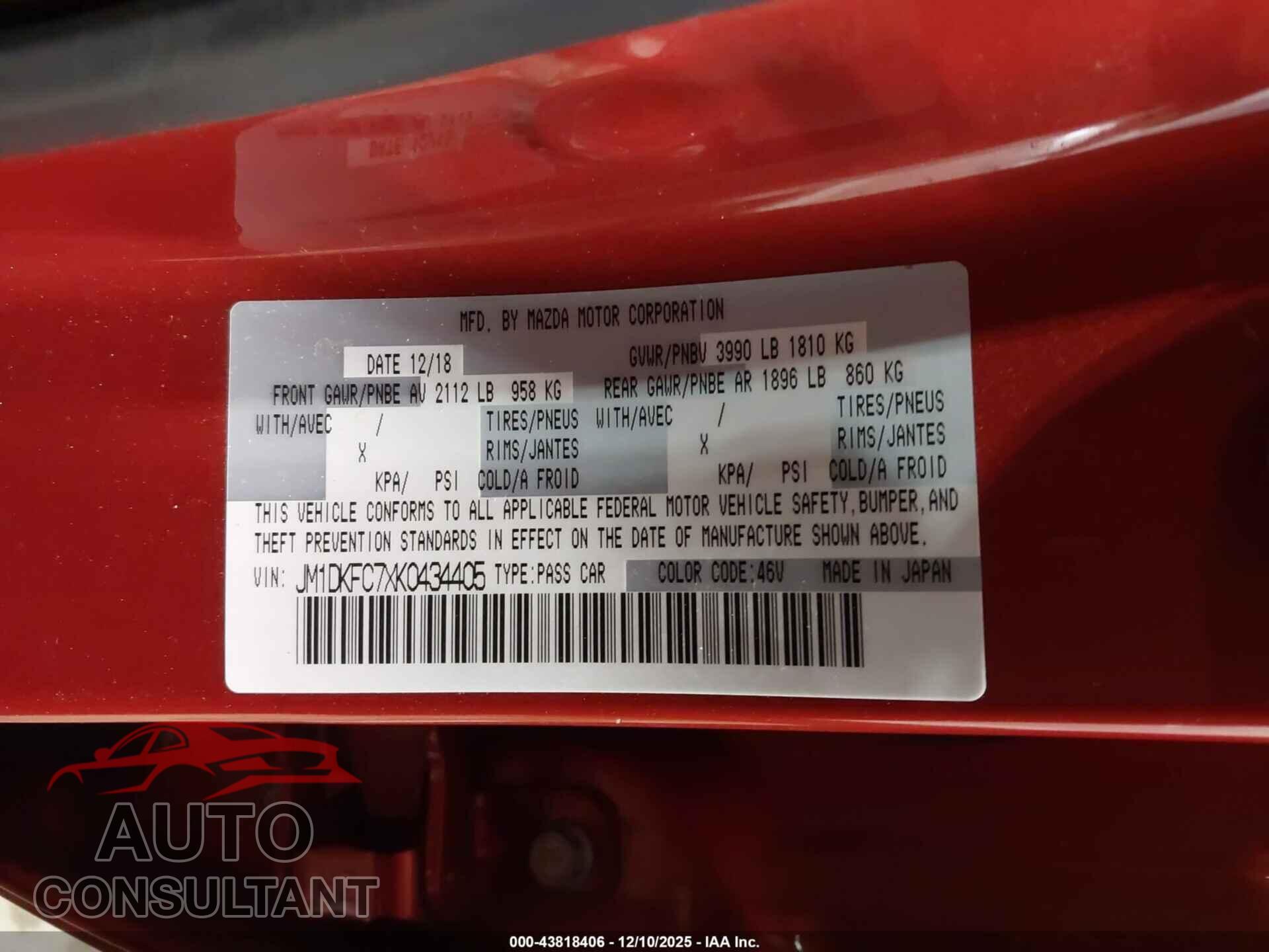 MAZDA CX-3 2019 - JM1DKFC7XK0434405