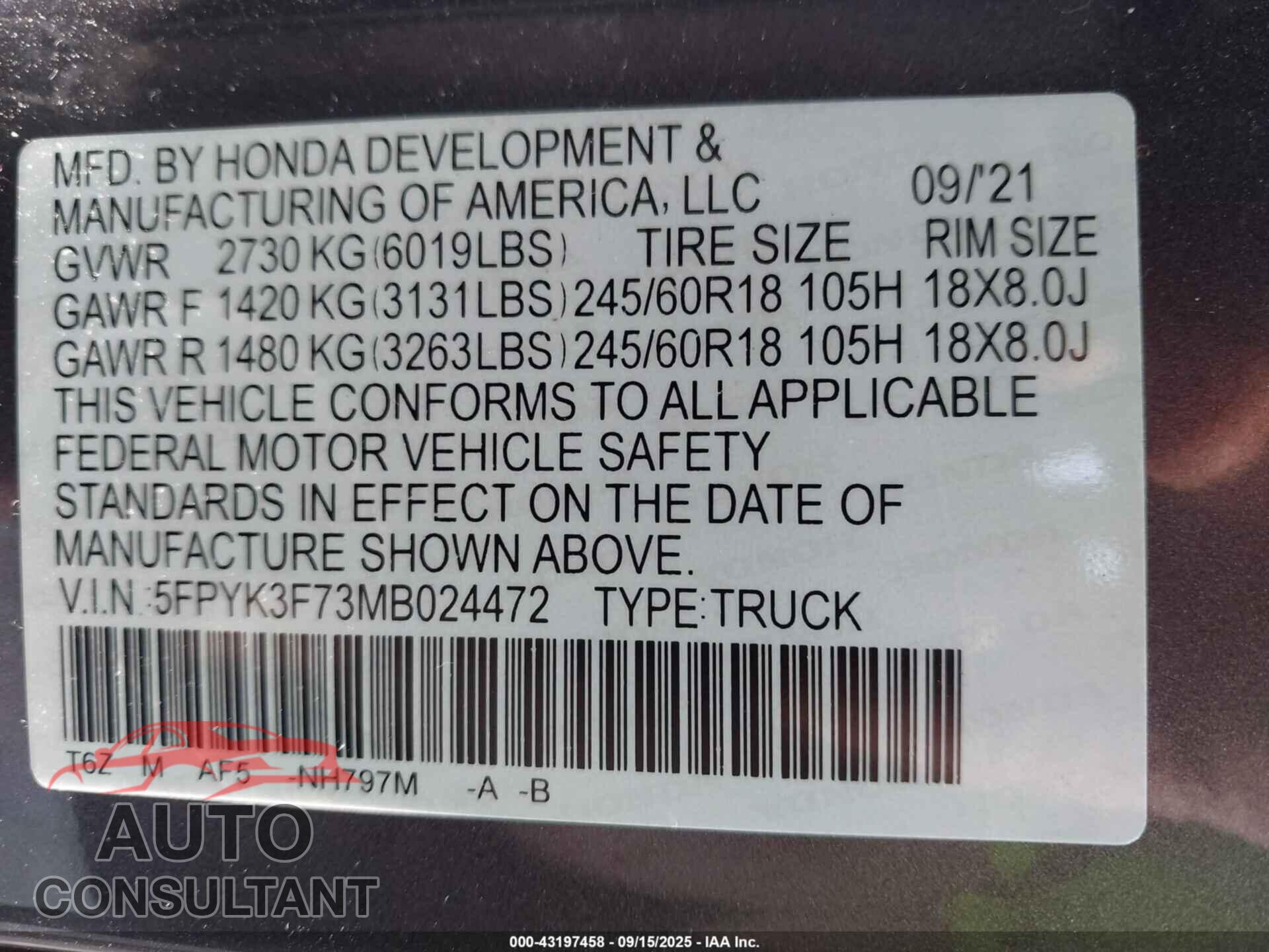 HONDA RIDGELINE 2021 - 5FPYK3F73MB024472