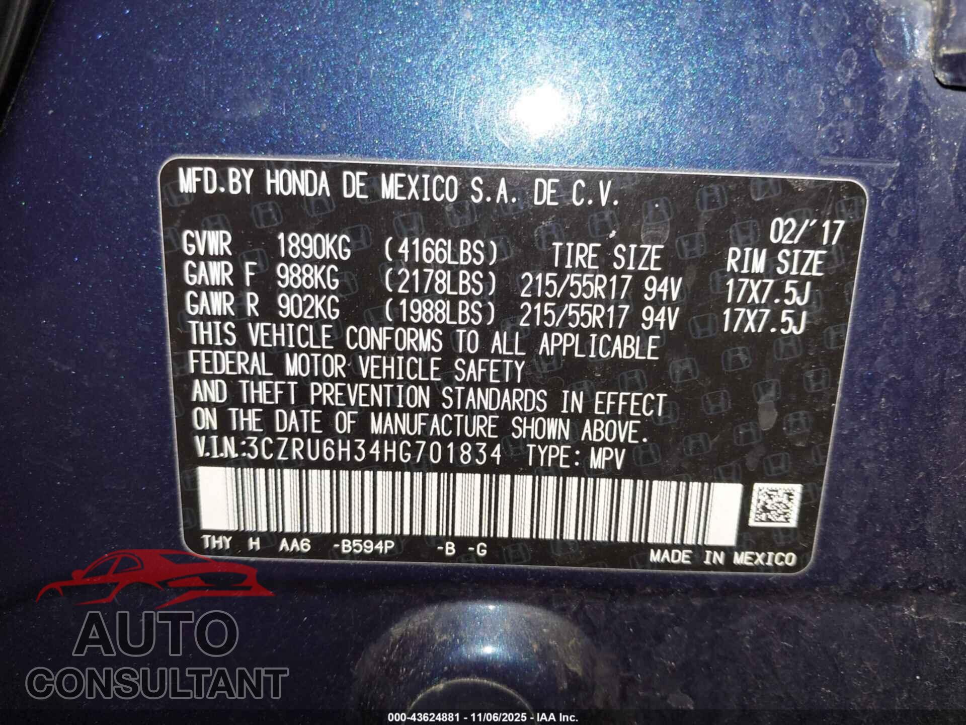 HONDA HR-V 2017 - 3CZRU6H34HG701834