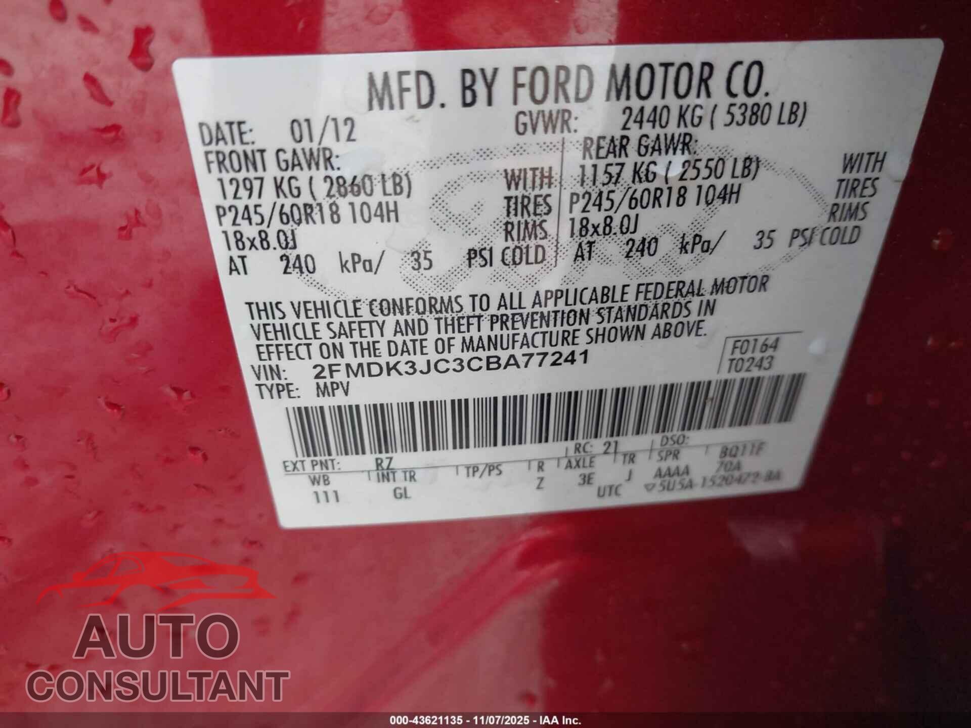 FORD EDGE 2012 - 2FMDK3JC3CBA77241
