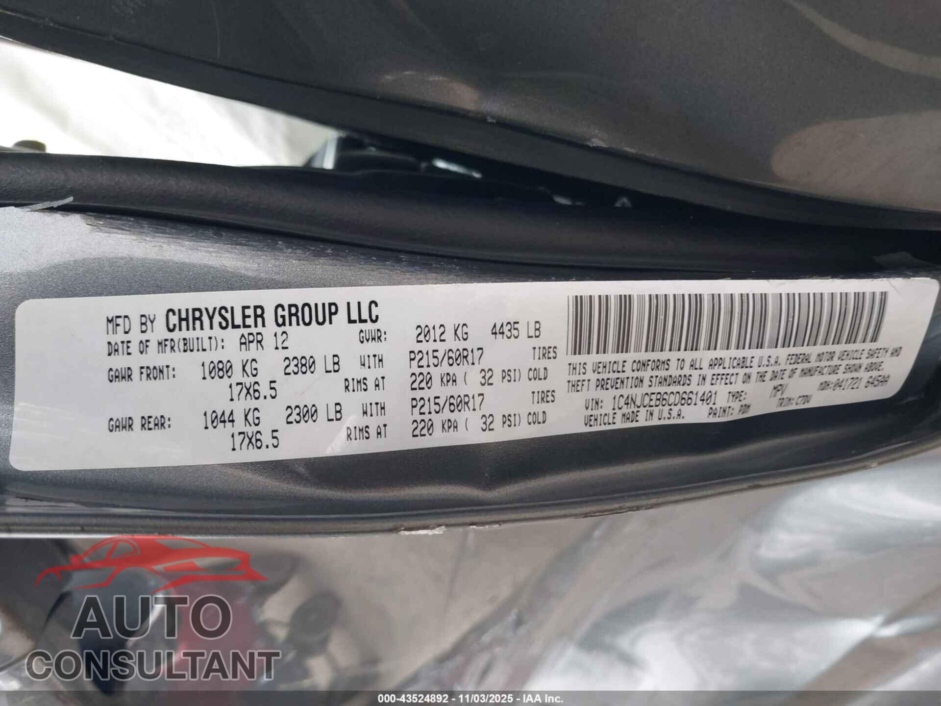 JEEP COMPASS 2012 - 1C4NJCEB6CD661401
