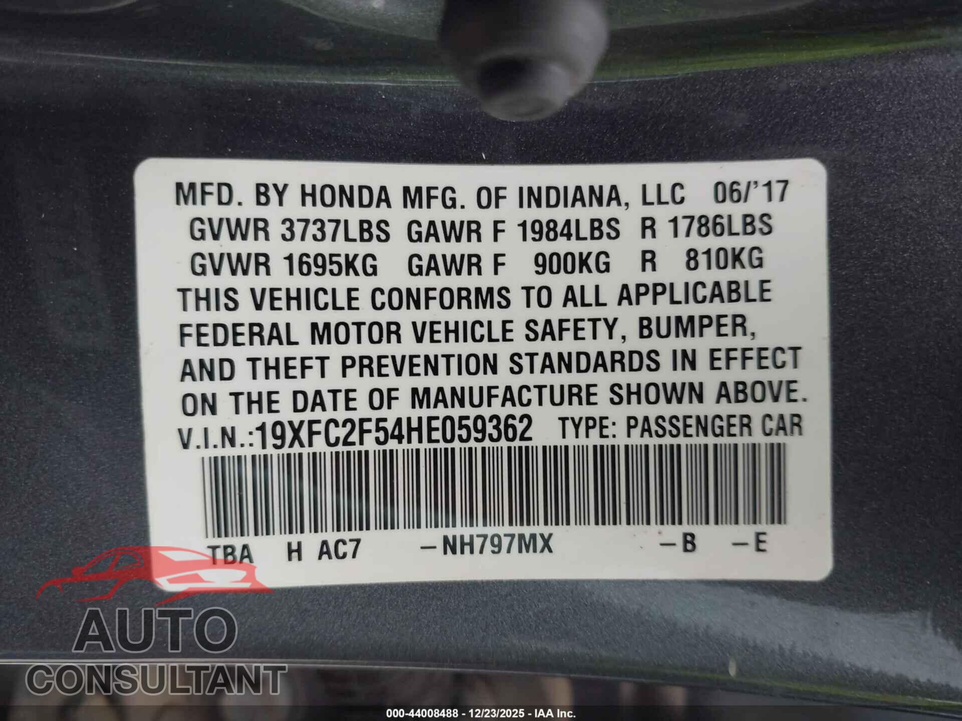 HONDA CIVIC 2017 - 19XFC2F54HE059362