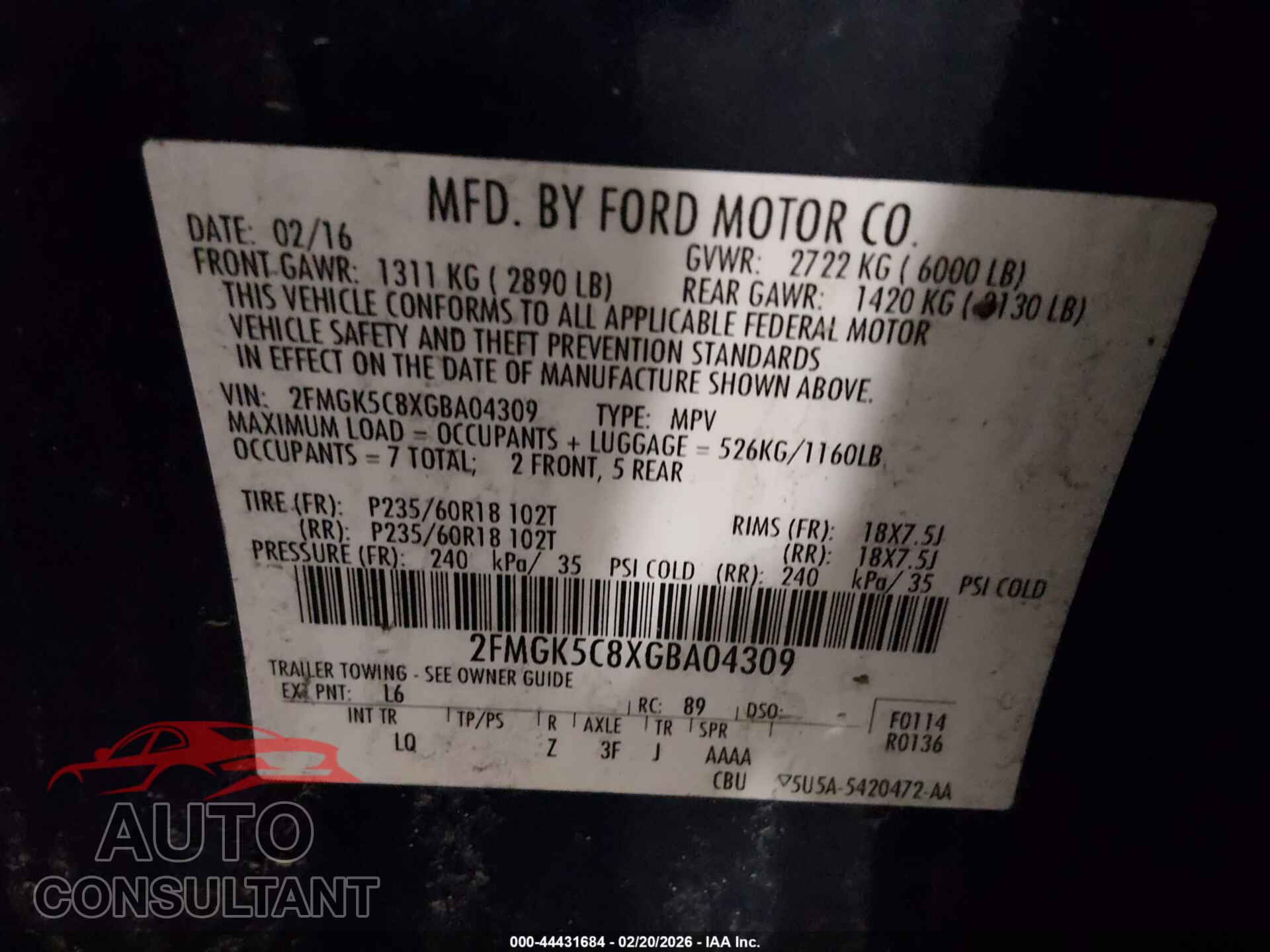 FORD FLEX 2016 - 2FMGK5C8XGBA04309