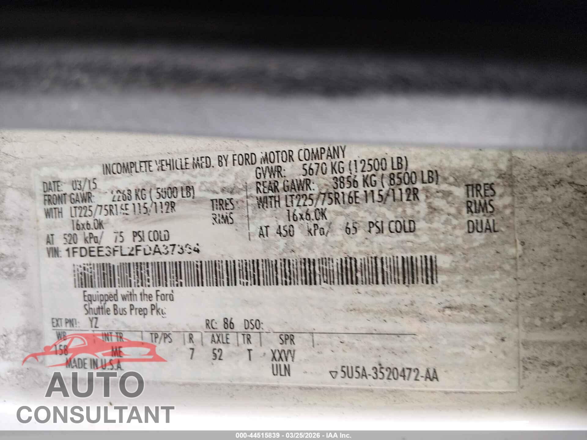 FORD E-350 CUTAWAY 2015 - 1FDEE3FL2FDA37364