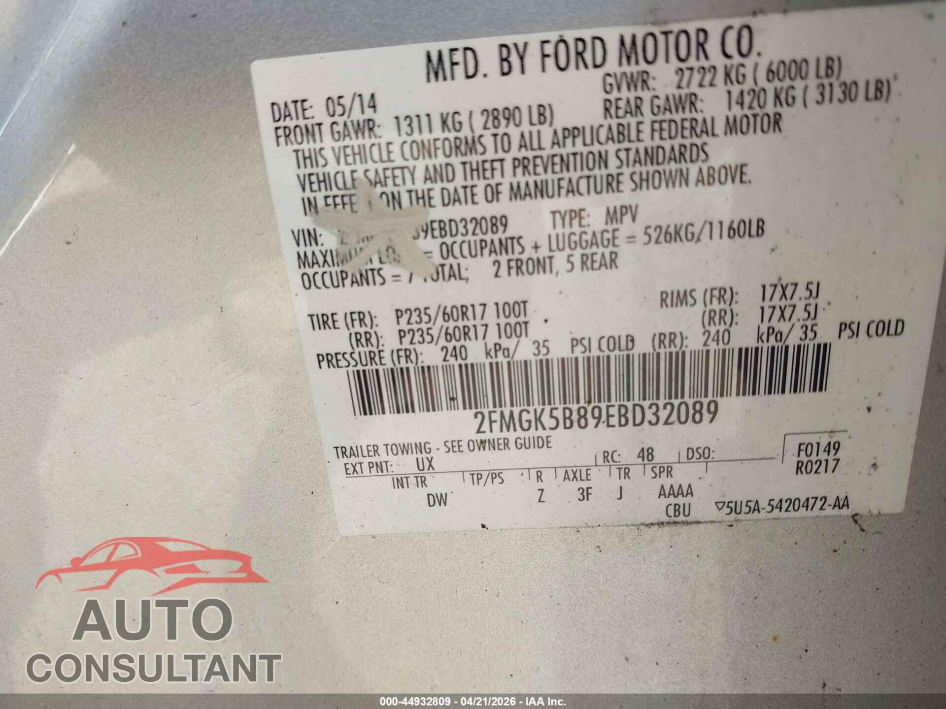 FORD FLEX 2014 - 2FMGK5B89EBD32089
