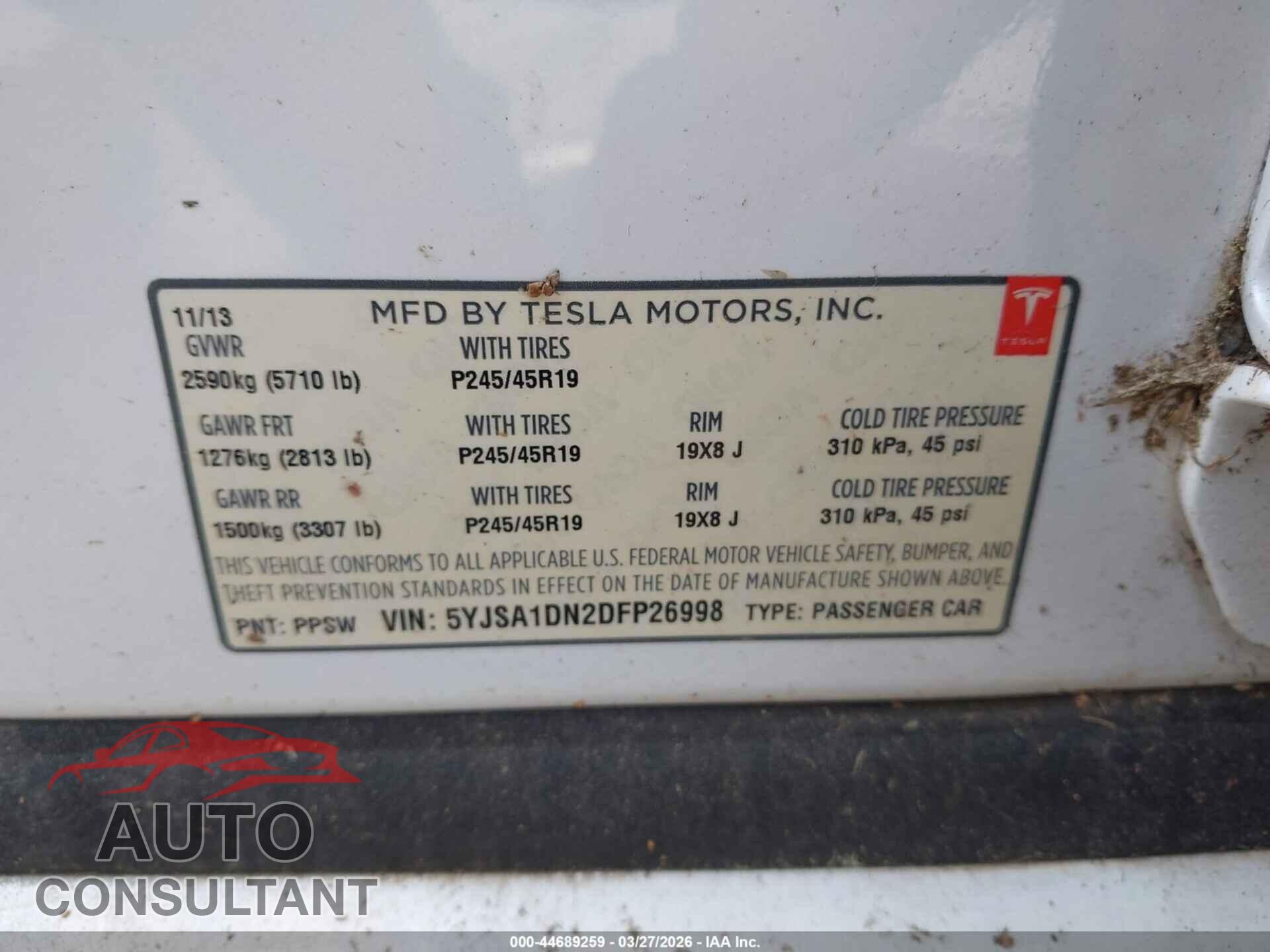 TESLA MODEL S 2013 - 5YJSA1DN2DFP26998