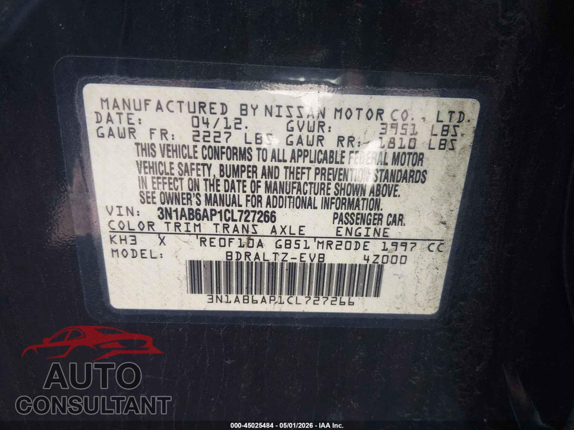 NISSAN SENTRA 2012 - 3N1AB6AP1CL727266
