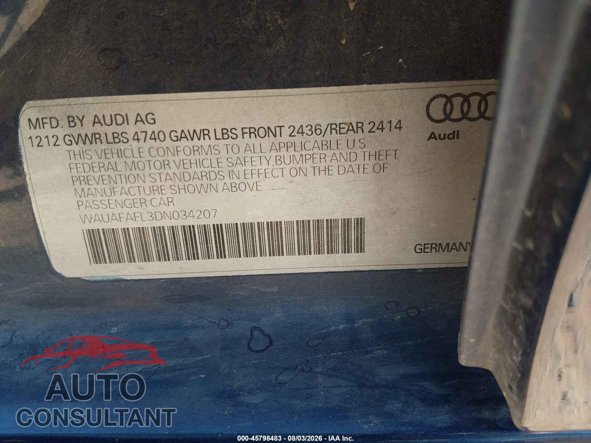 AUDI A4 2013 - WAUAFAFL3DN034207