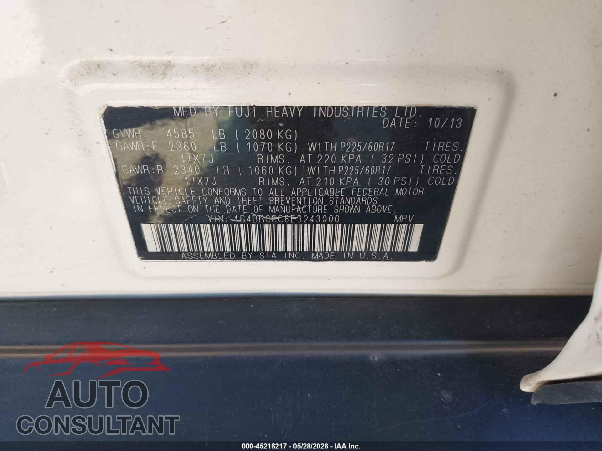SUBARU OUTBACK 2014 - 4S4BRCCC8E3243000