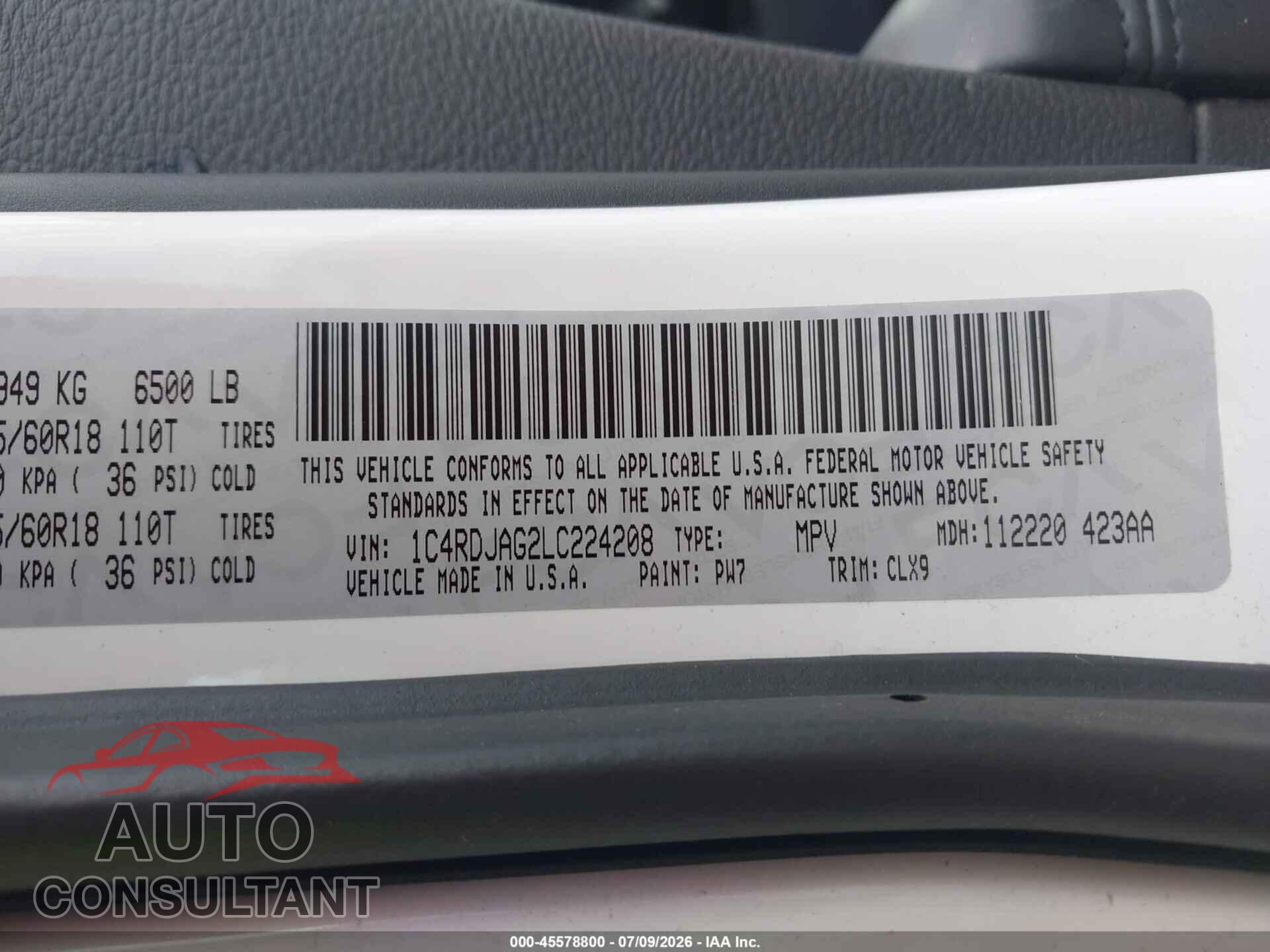 DODGE DURANGO 2020 - 1C4RDJAG2LC224208