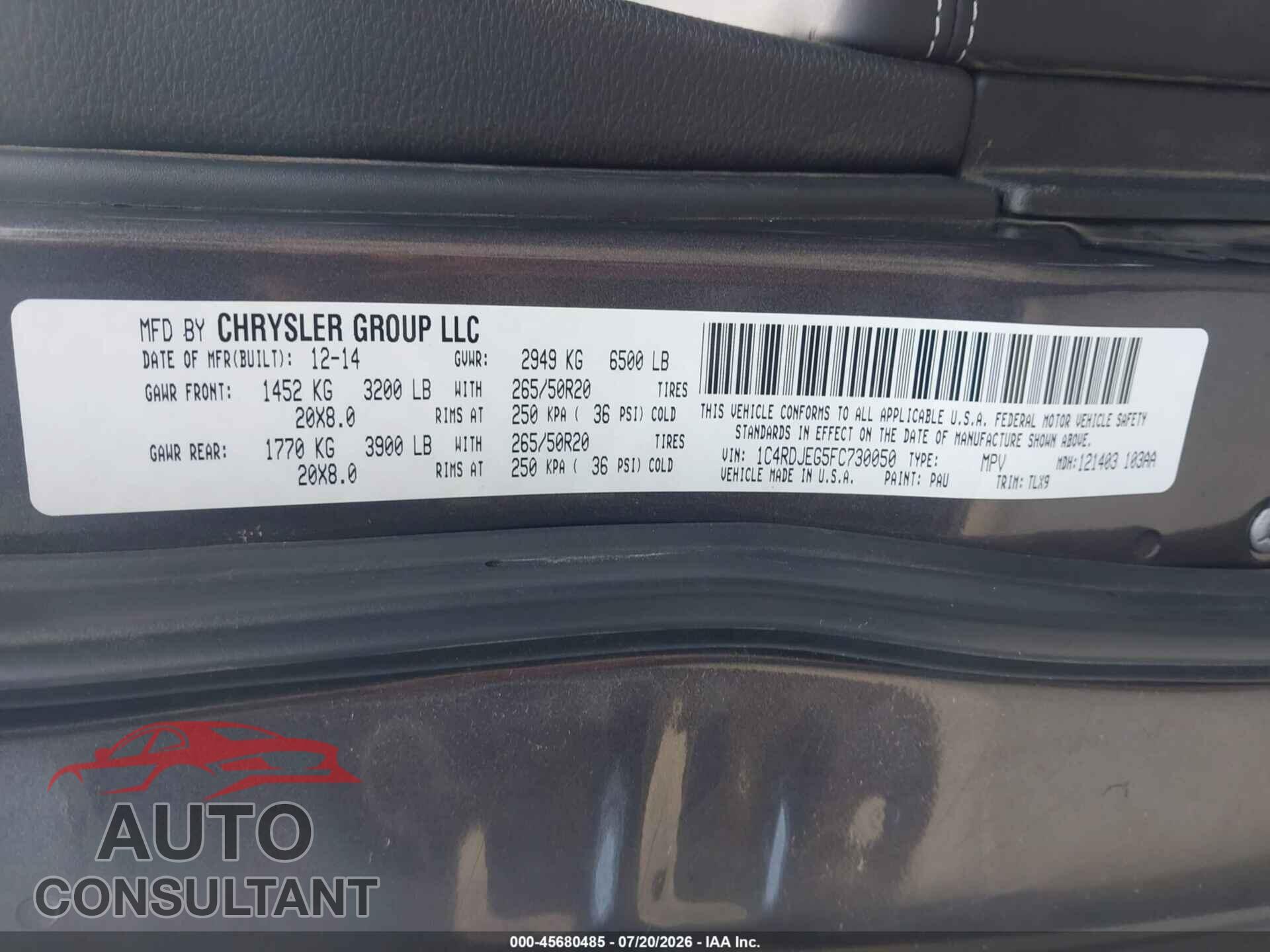 DODGE DURANGO 2015 - 1C4RDJEG5FC730050