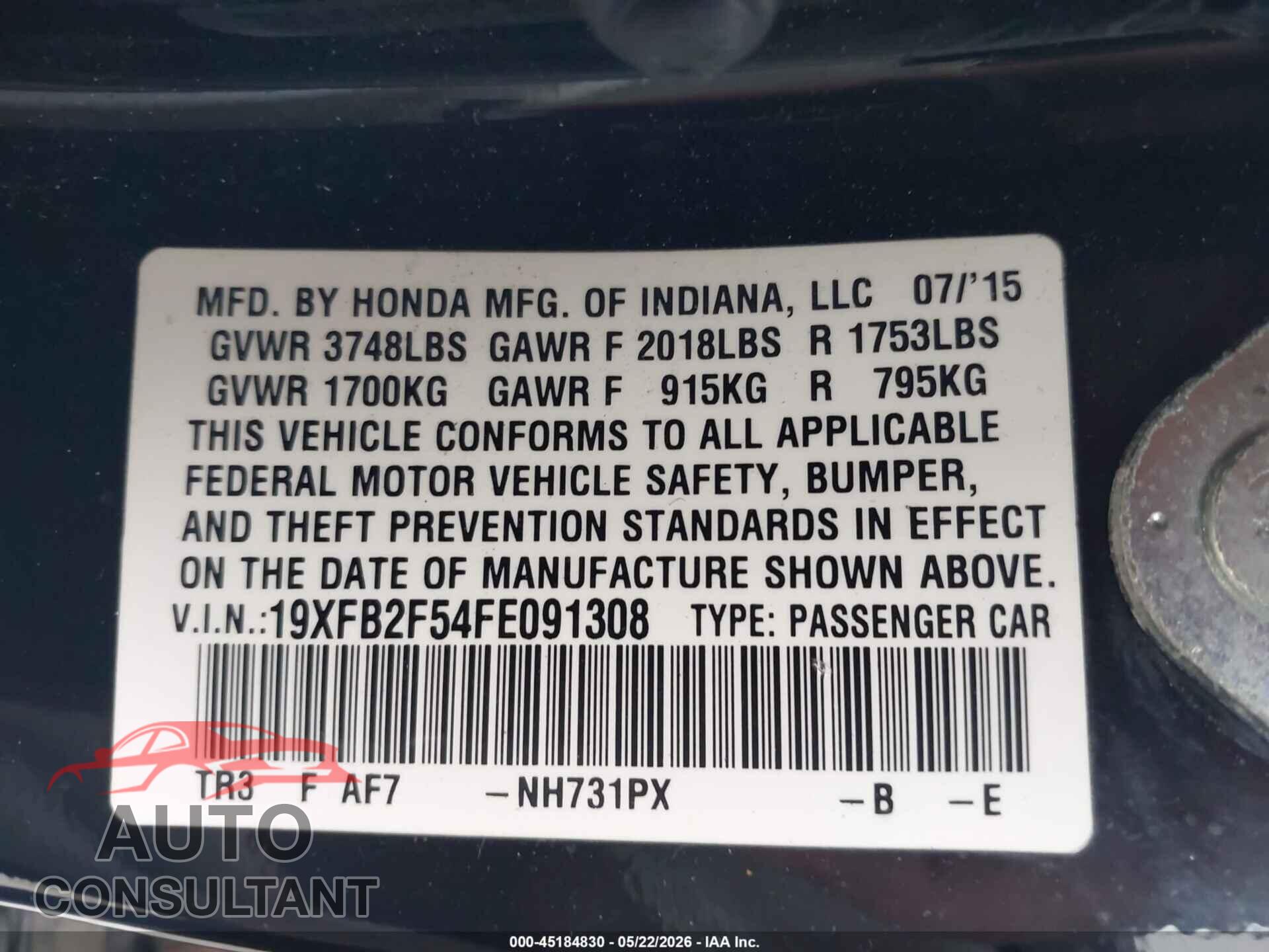 HONDA CIVIC 2015 - 19XFB2F54FE091308