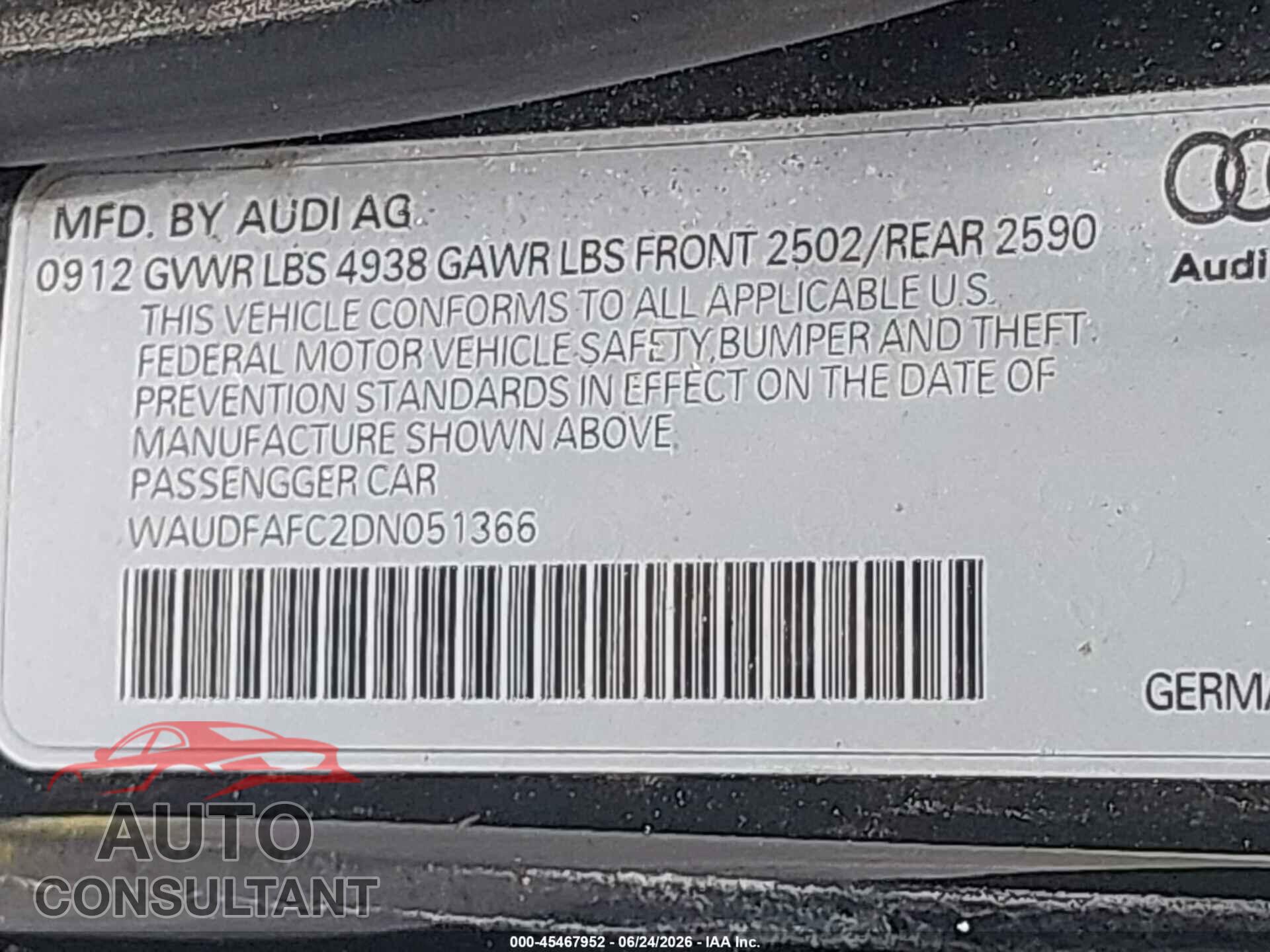 AUDI A6 2013 - WAUDFAFC2DN051366