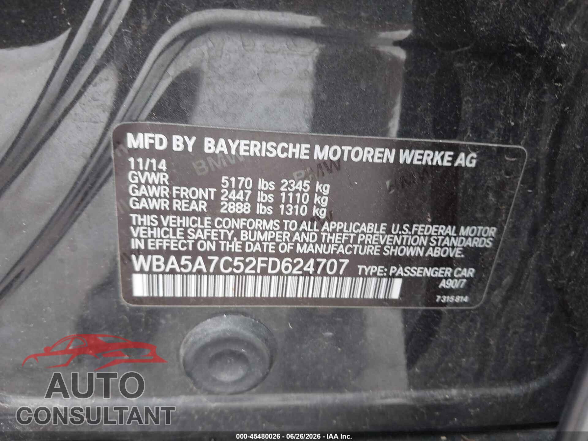 BMW 528I 2015 - WBA5A7C52FD624707