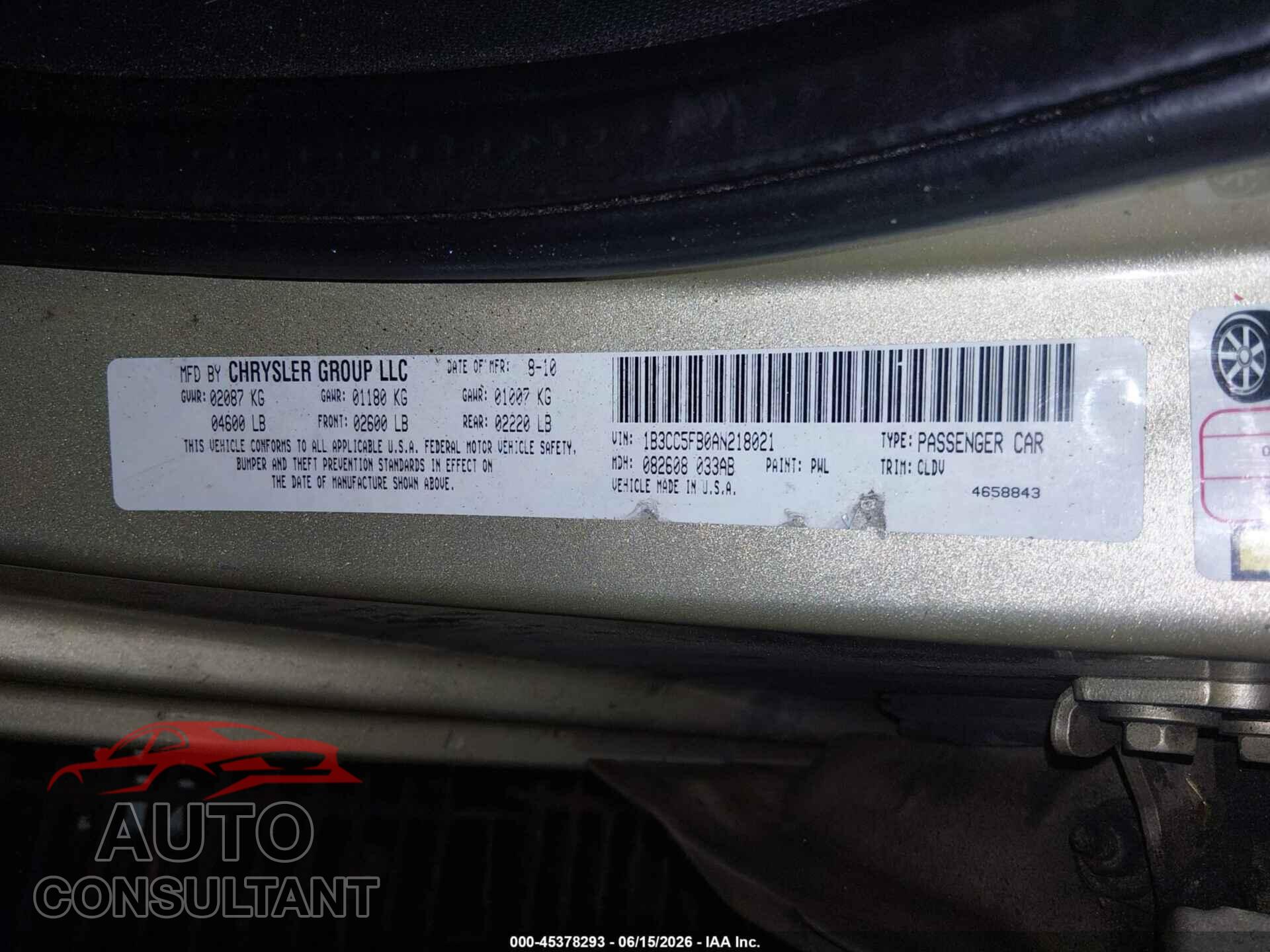 DODGE AVENGER 2010 - 1B3CC5FB0AN218021