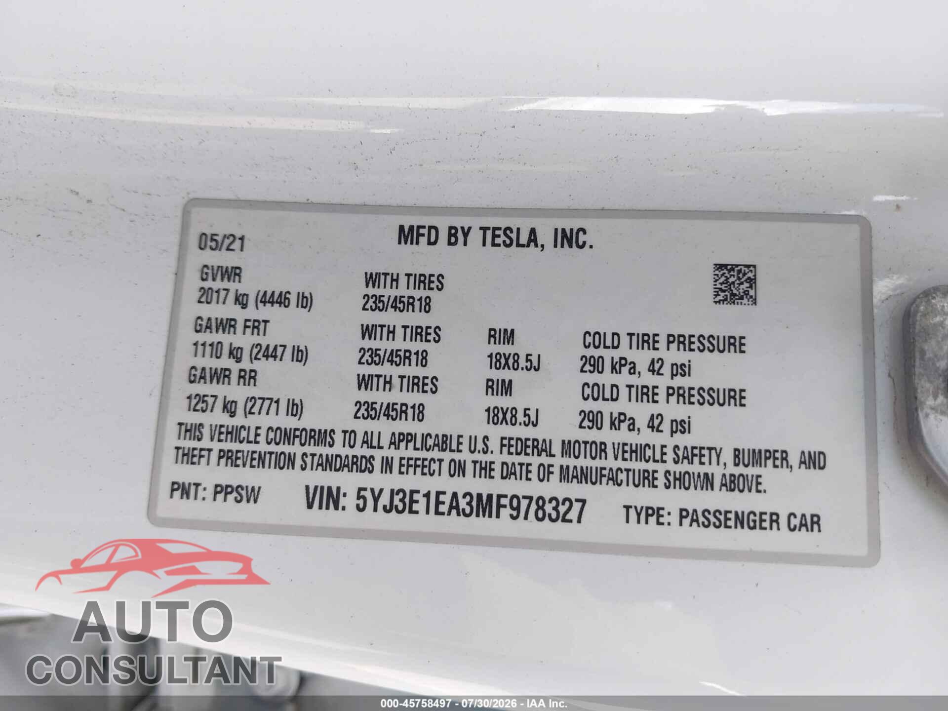 TESLA MODEL 3 2021 - 5YJ3E1EA3MF978327