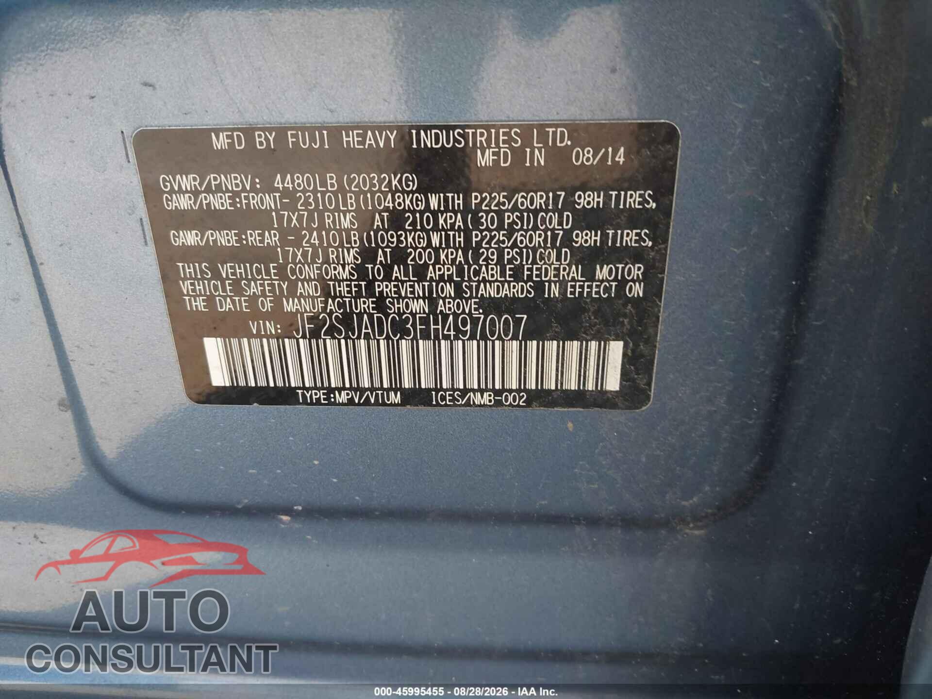 SUBARU FORESTER 2015 - JF2SJADC3FH497007