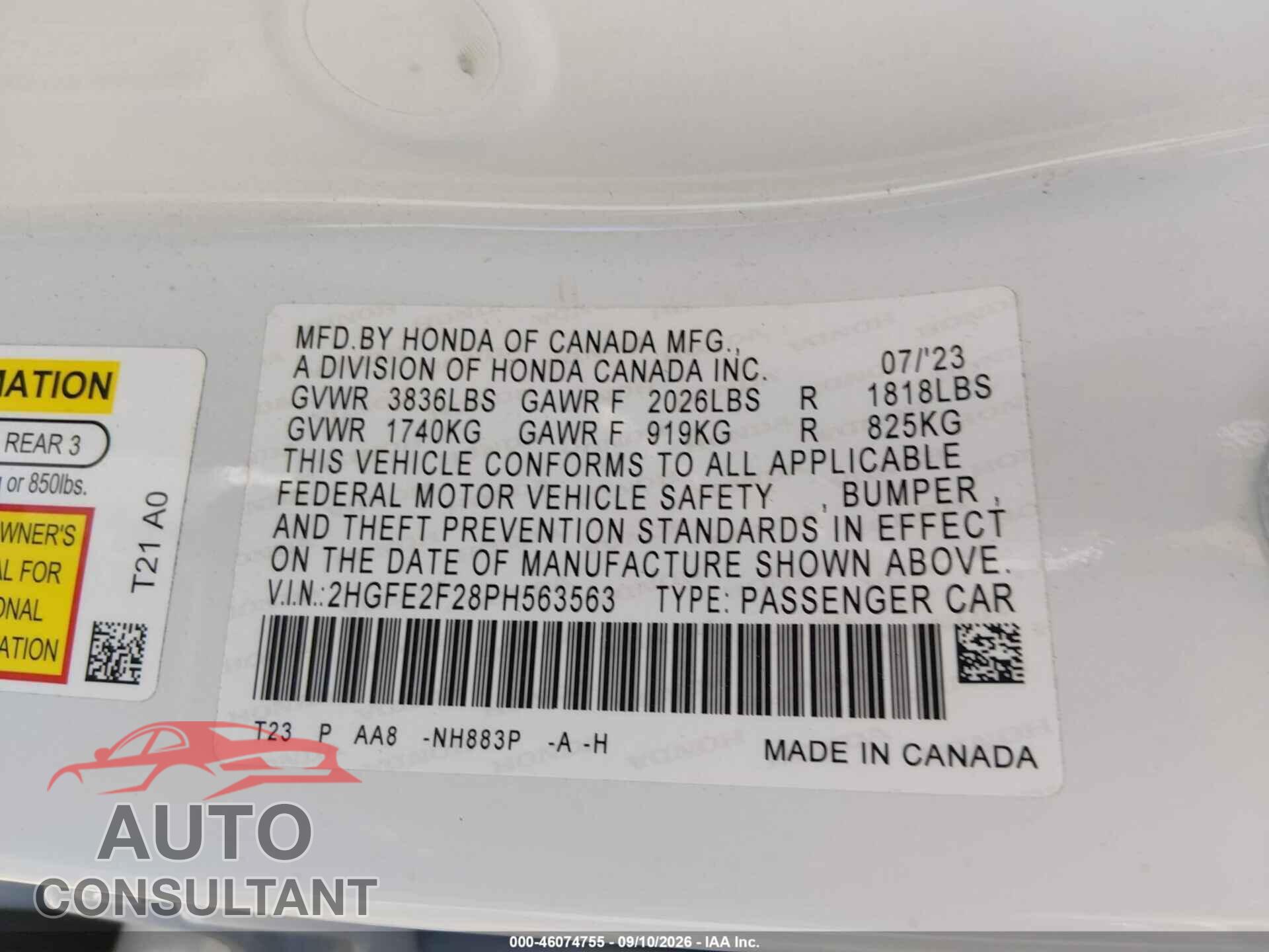 HONDA CIVIC 2023 - 2HGFE2F28PH563563