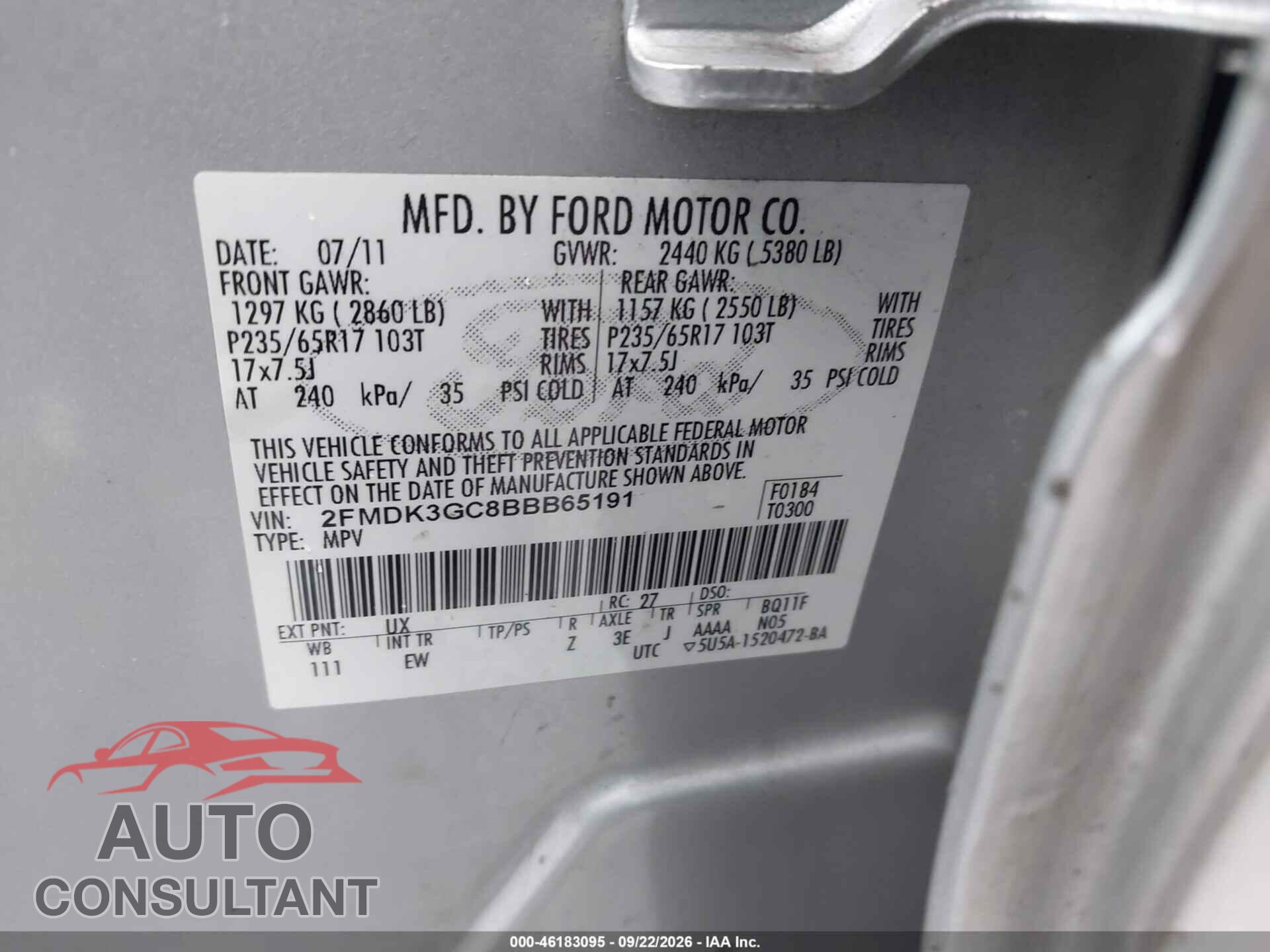 FORD EDGE 2011 - 2FMDK3GC8BBB65191