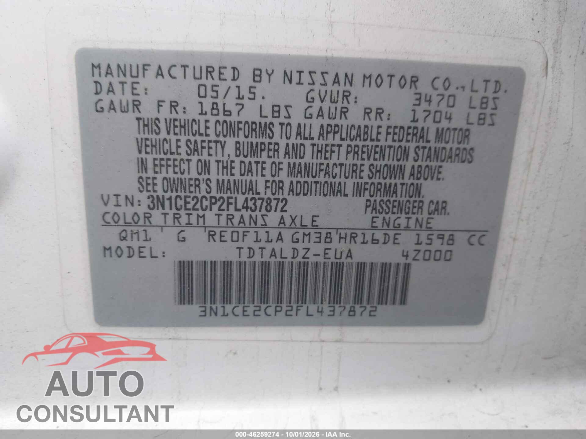 NISSAN VERSA NOTE 2015 - 3N1CE2CP2FL437872