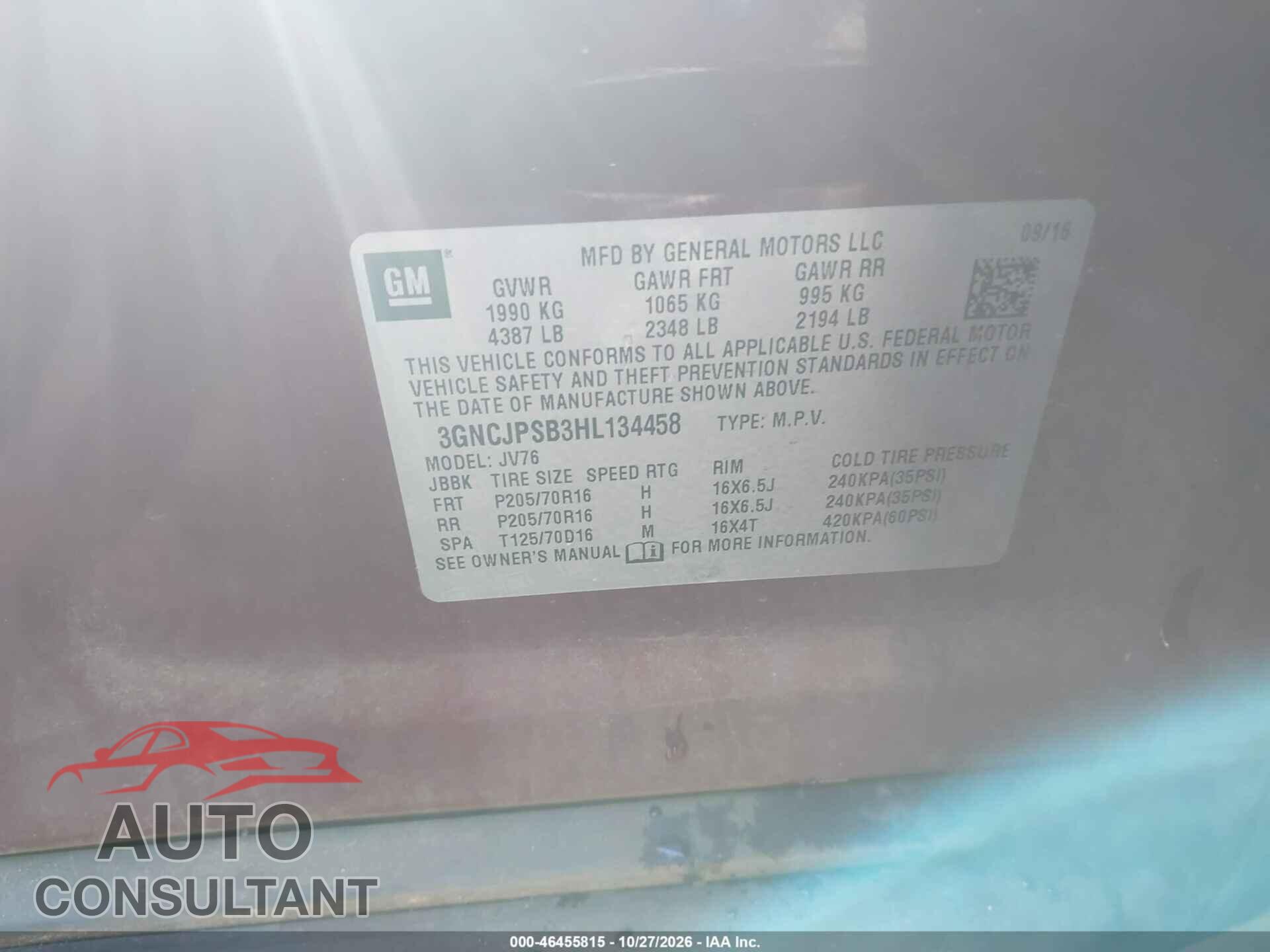 CHEVROLET TRAX 2017 - 3GNCJPSB3HL134458
