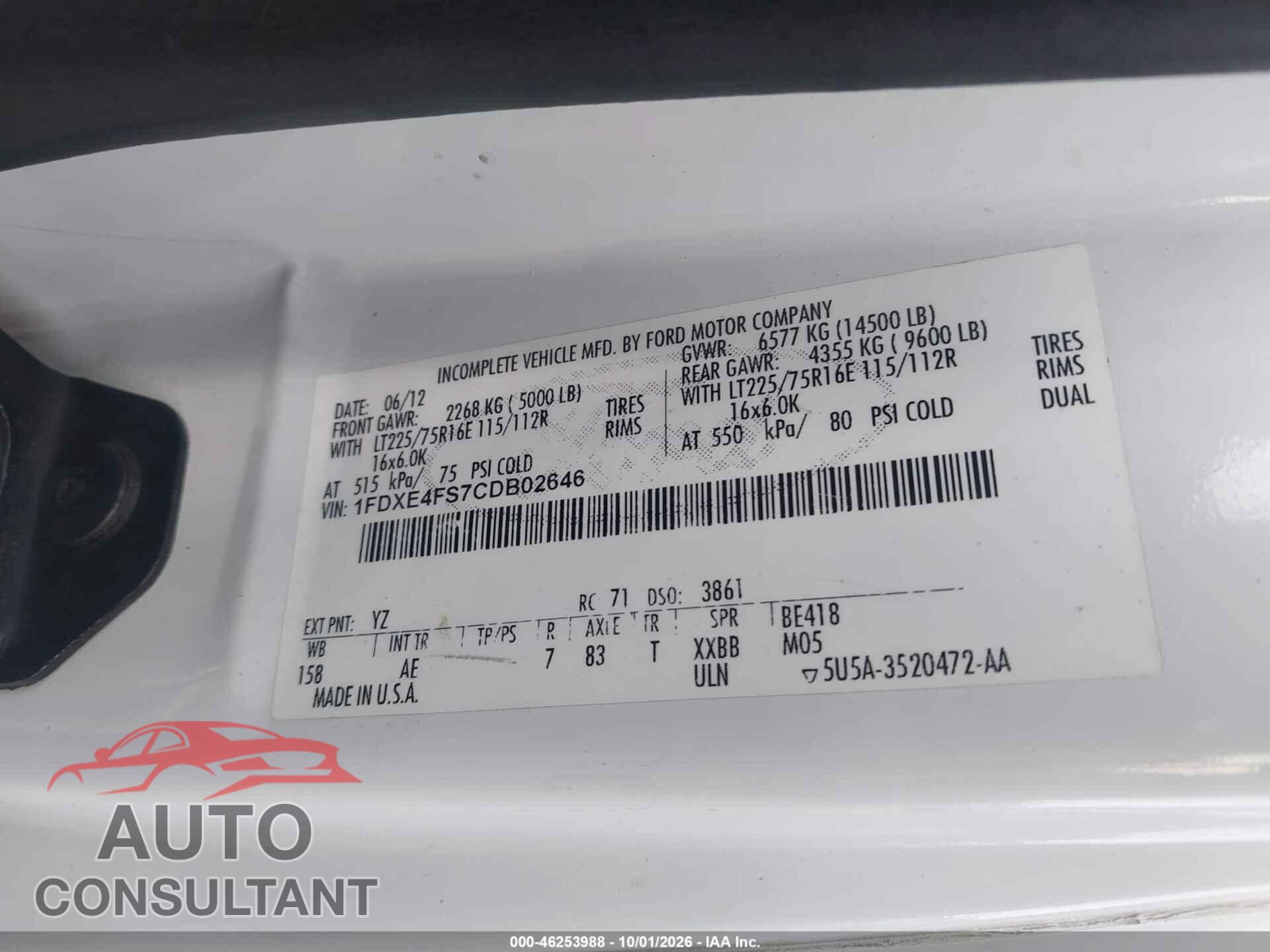 FORD E-450 CUTAWAY 2012 - 1FDXE4FS7CDB02646