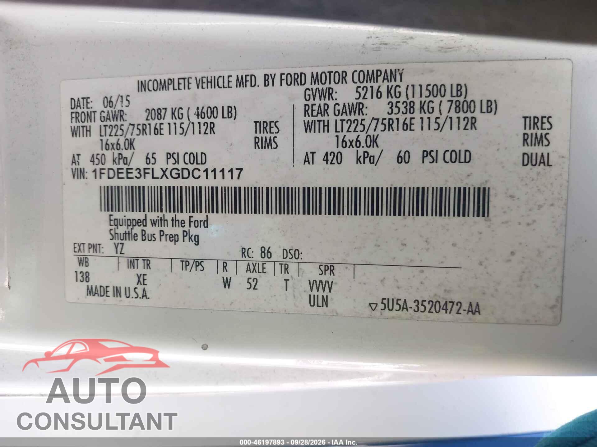 FORD E-350 CUTAWAY 2016 - 1FDEE3FLXGDC11117