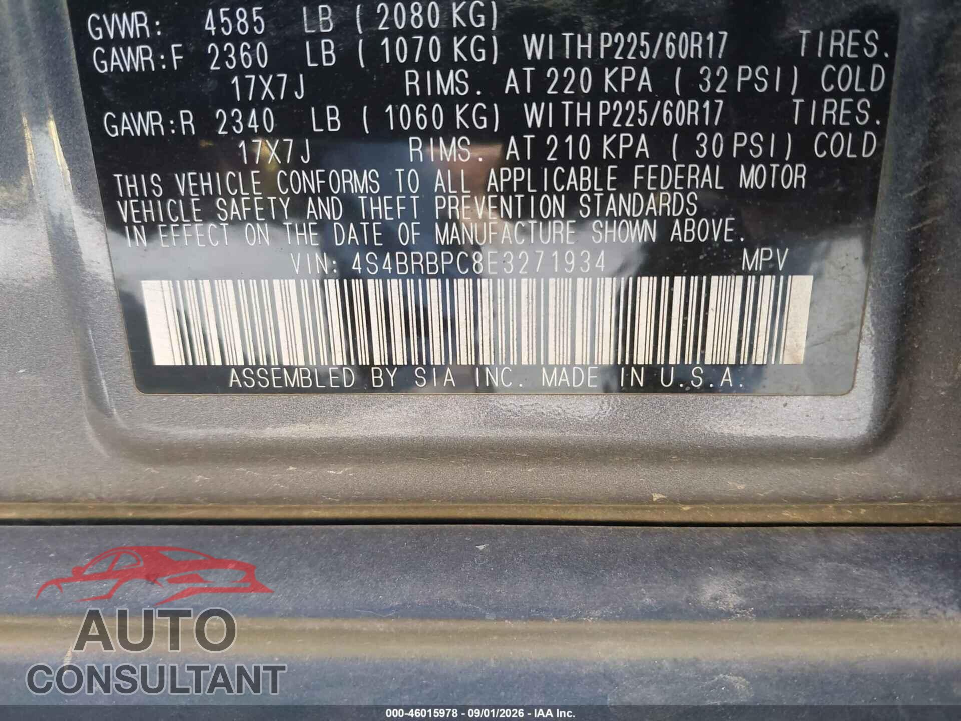 SUBARU OUTBACK 2014 - 4S4BRBPC8E3271934