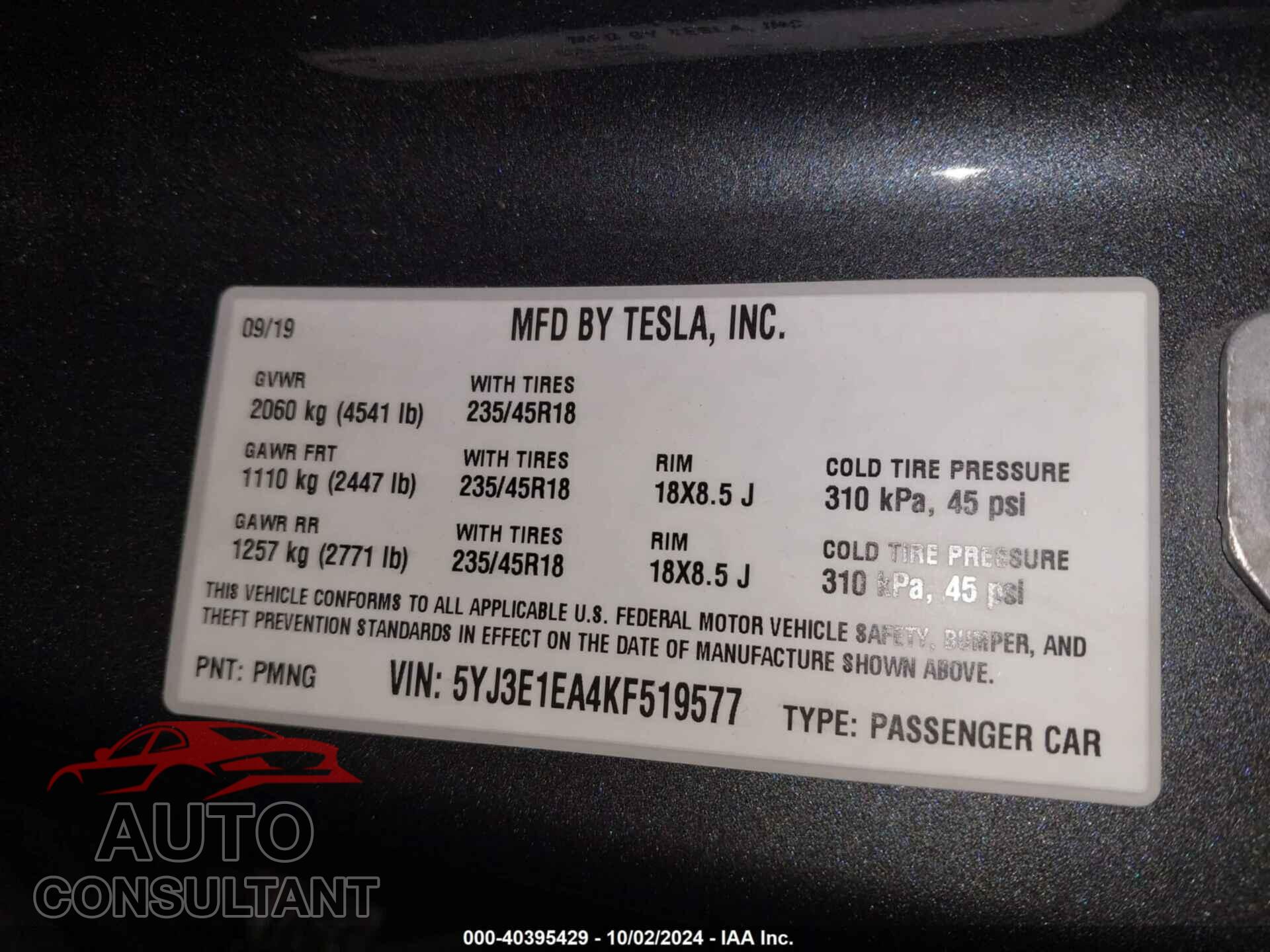 TESLA MODEL 3 2019 - 5YJ3E1EA4KF519577