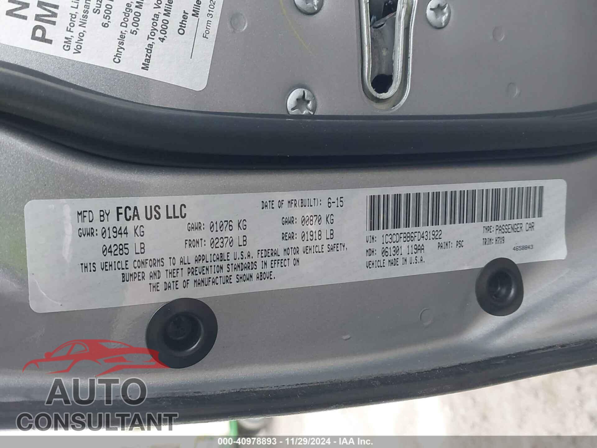 DODGE DART 2015 - 1C3CDFBB6FD431922
