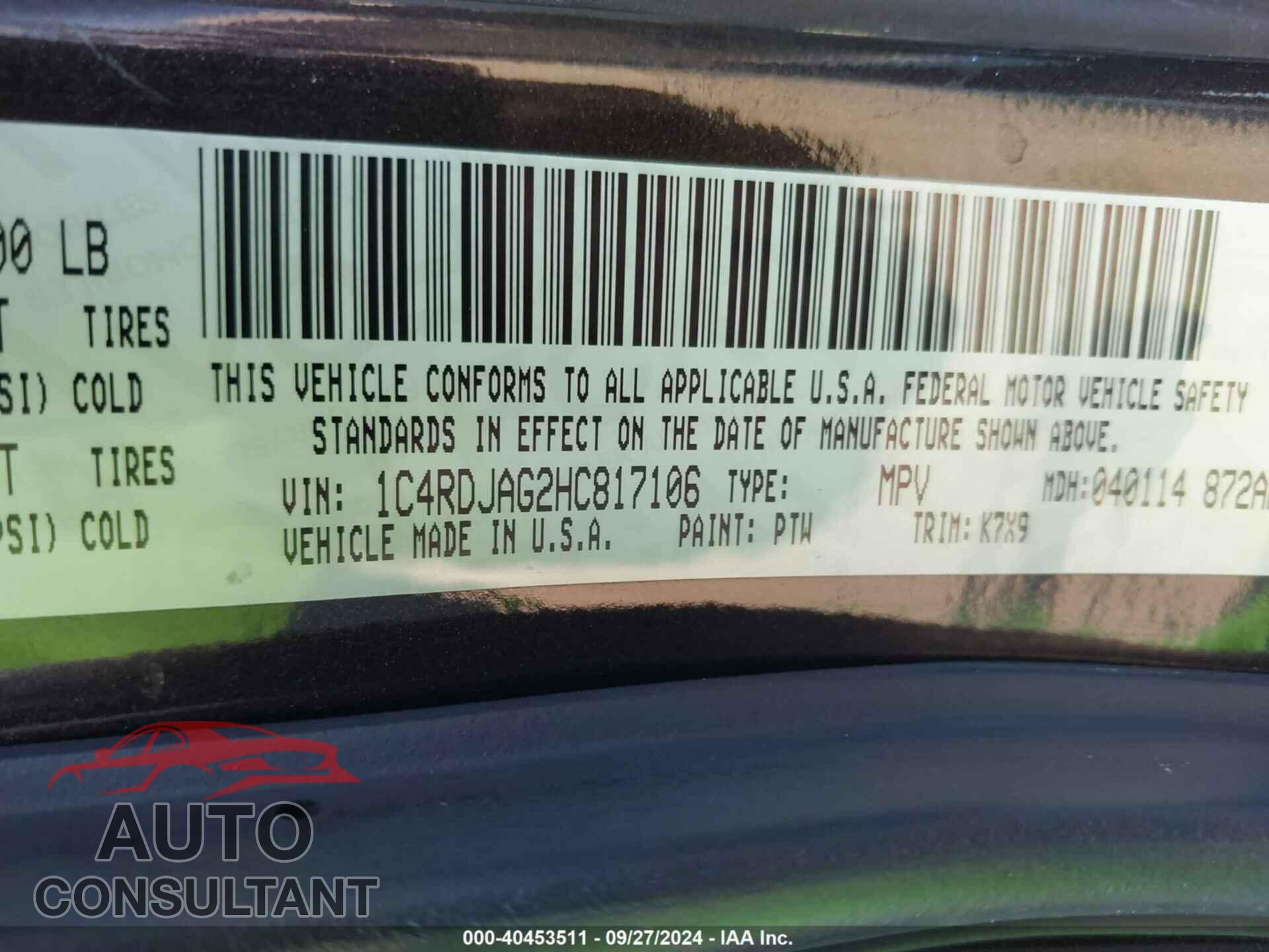 DODGE DURANGO 2017 - 1C4RDJAG2HC817106