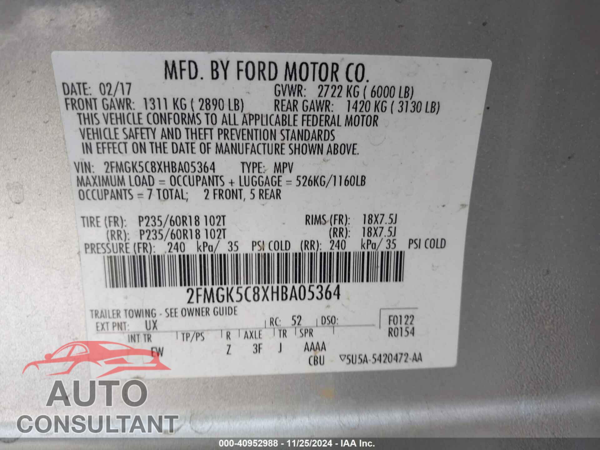FORD FLEX 2017 - 2FMGK5C8XHBA05364