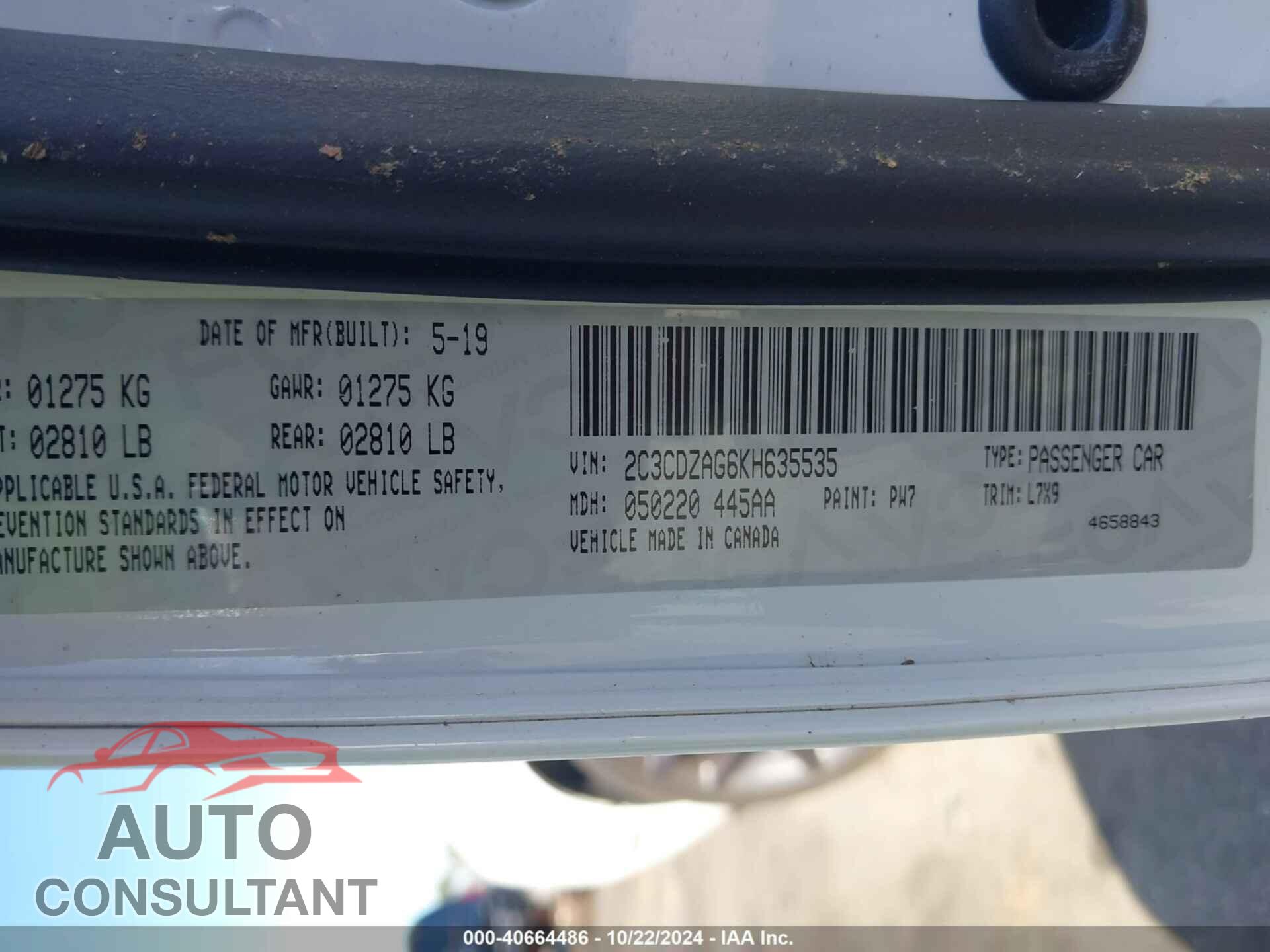 DODGE CHALLENGER 2019 - 2C3CDZAG6KH635535