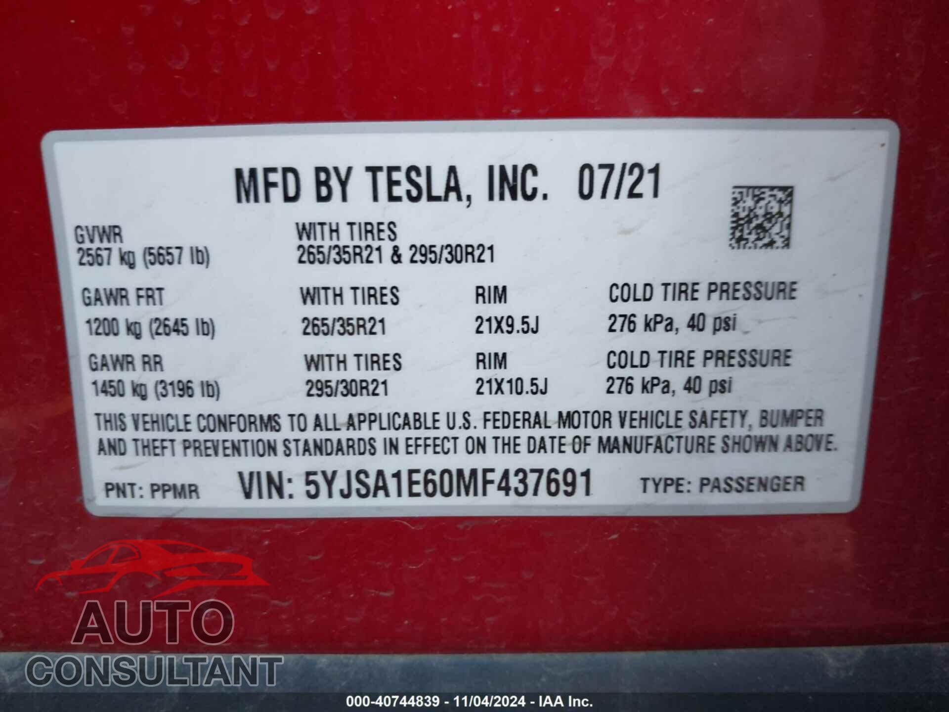 TESLA MODEL S 2021 - 5YJSA1E60MF437691