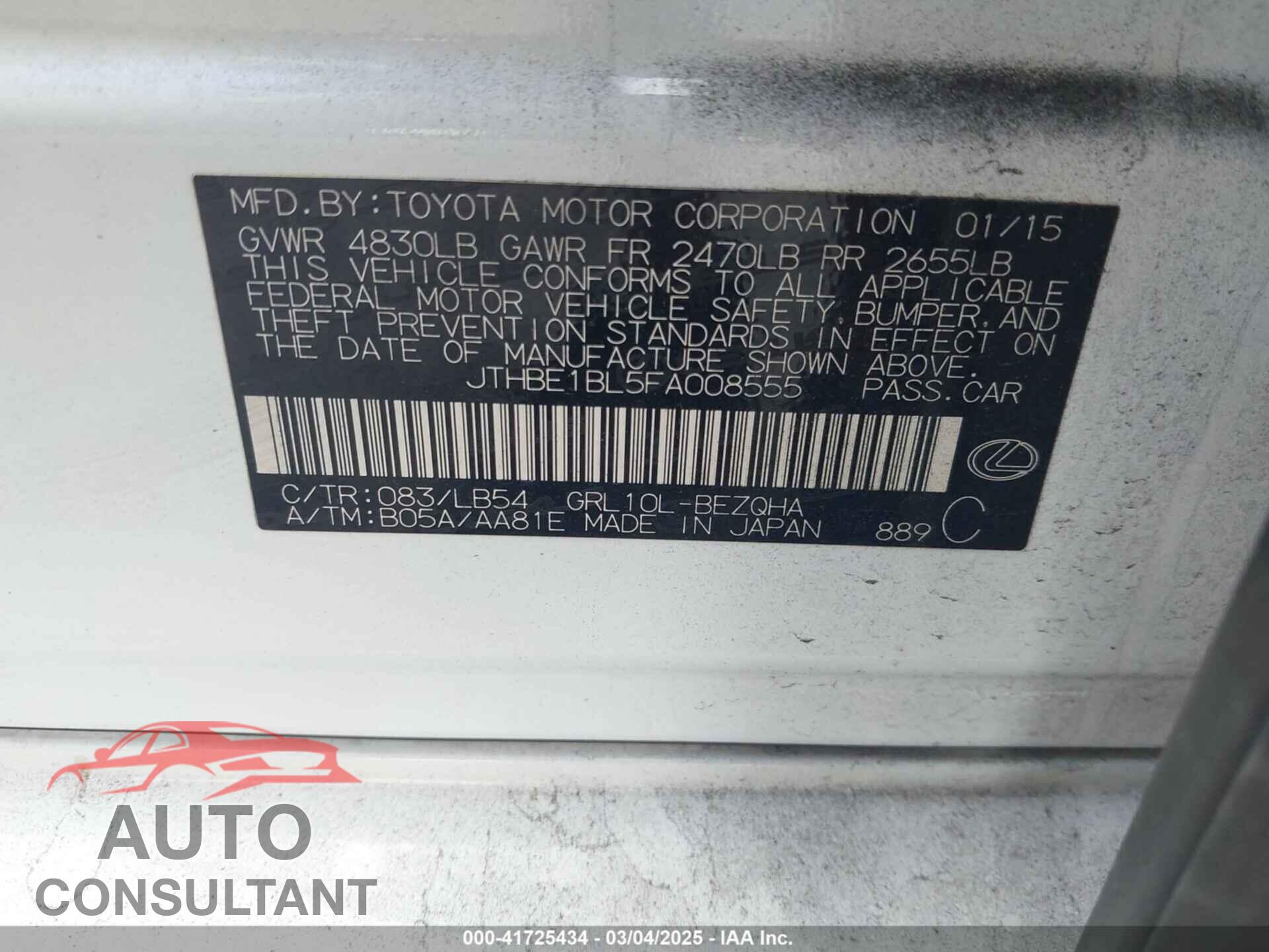 LEXUS GS 350 2015 - JTHBE1BL5FA008555