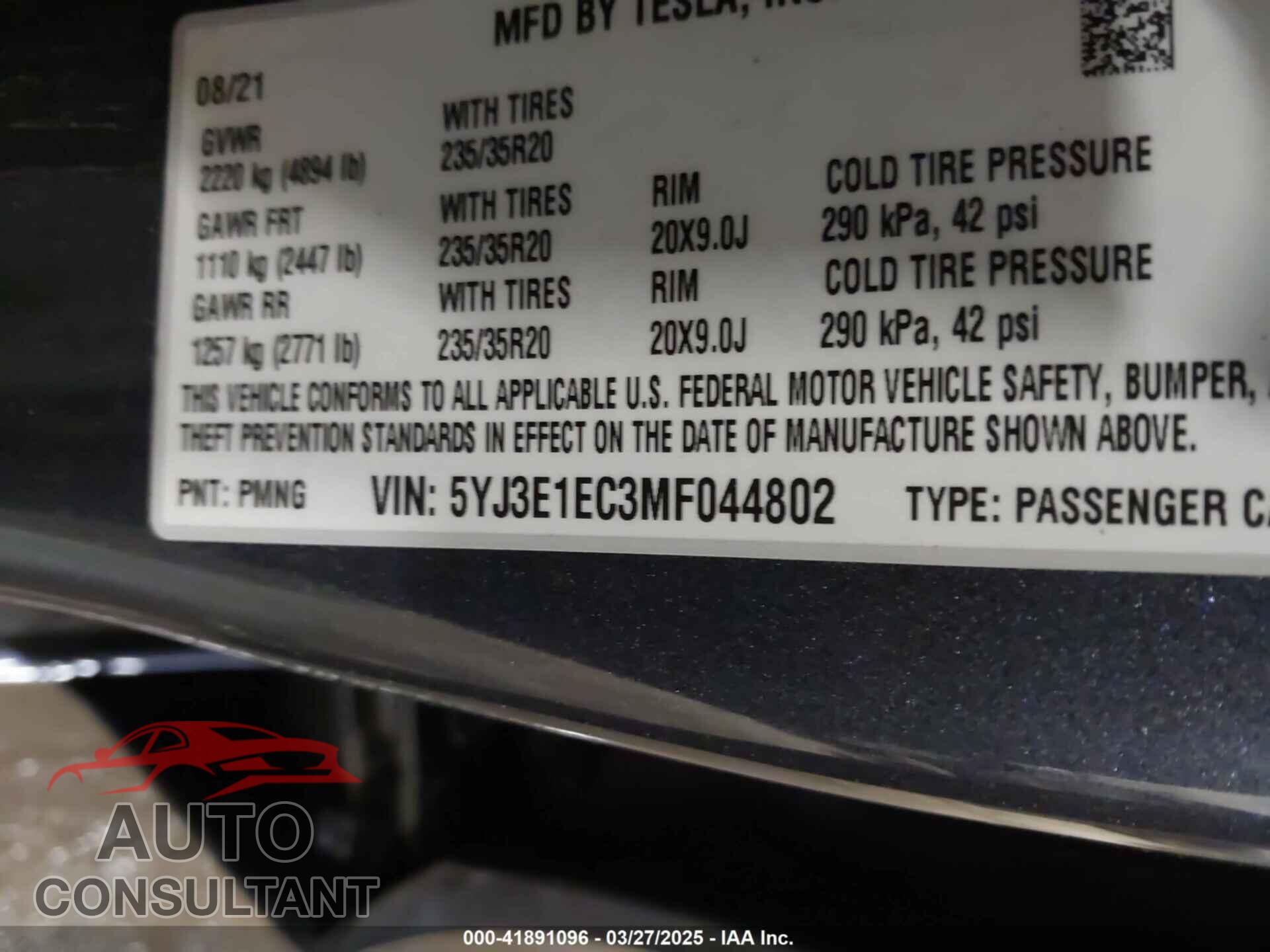TESLA MODEL 3 2021 - 5YJ3E1EC3MF044802