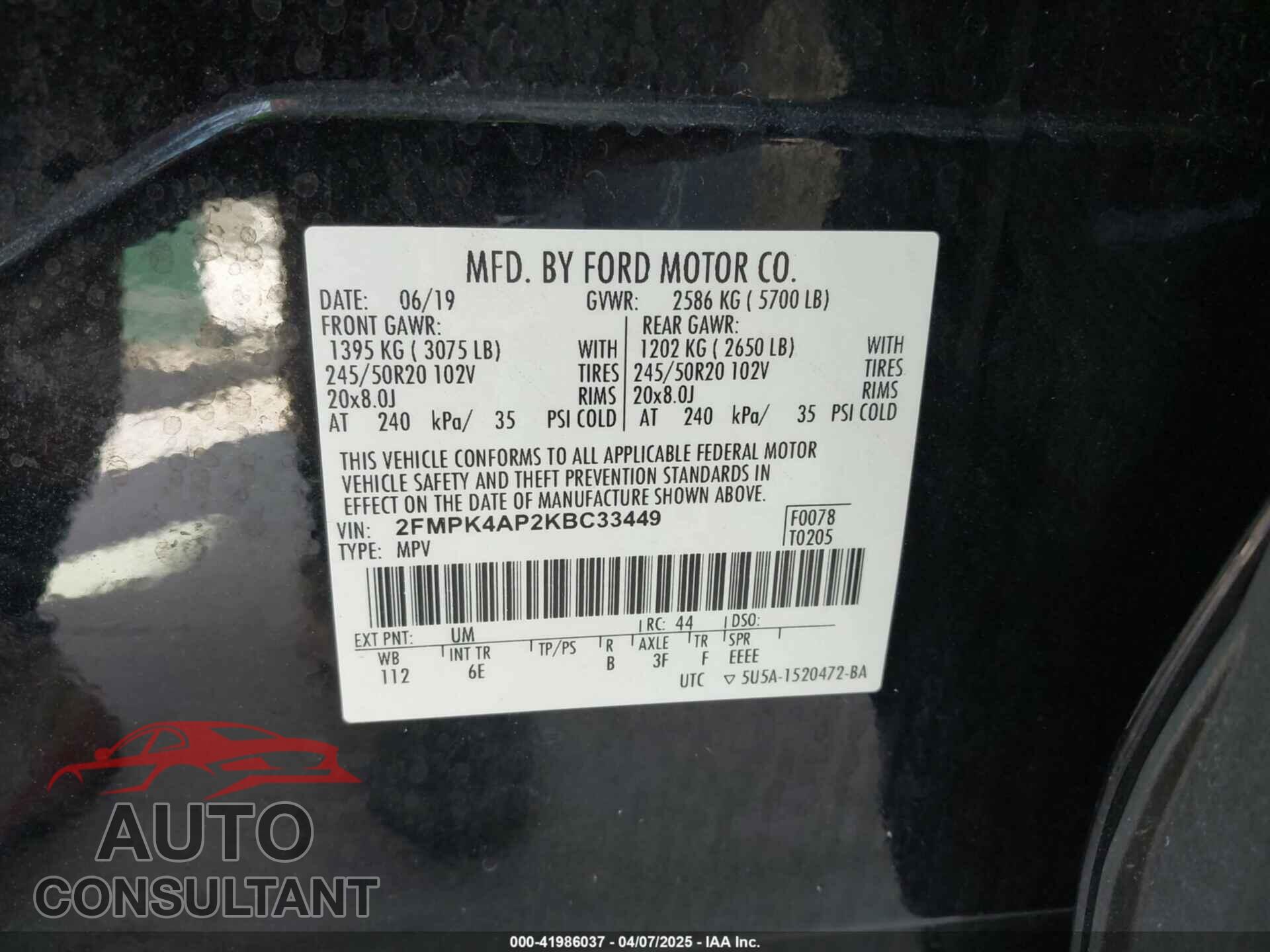 FORD EDGE 2019 - 2FMPK4AP2KBC33449