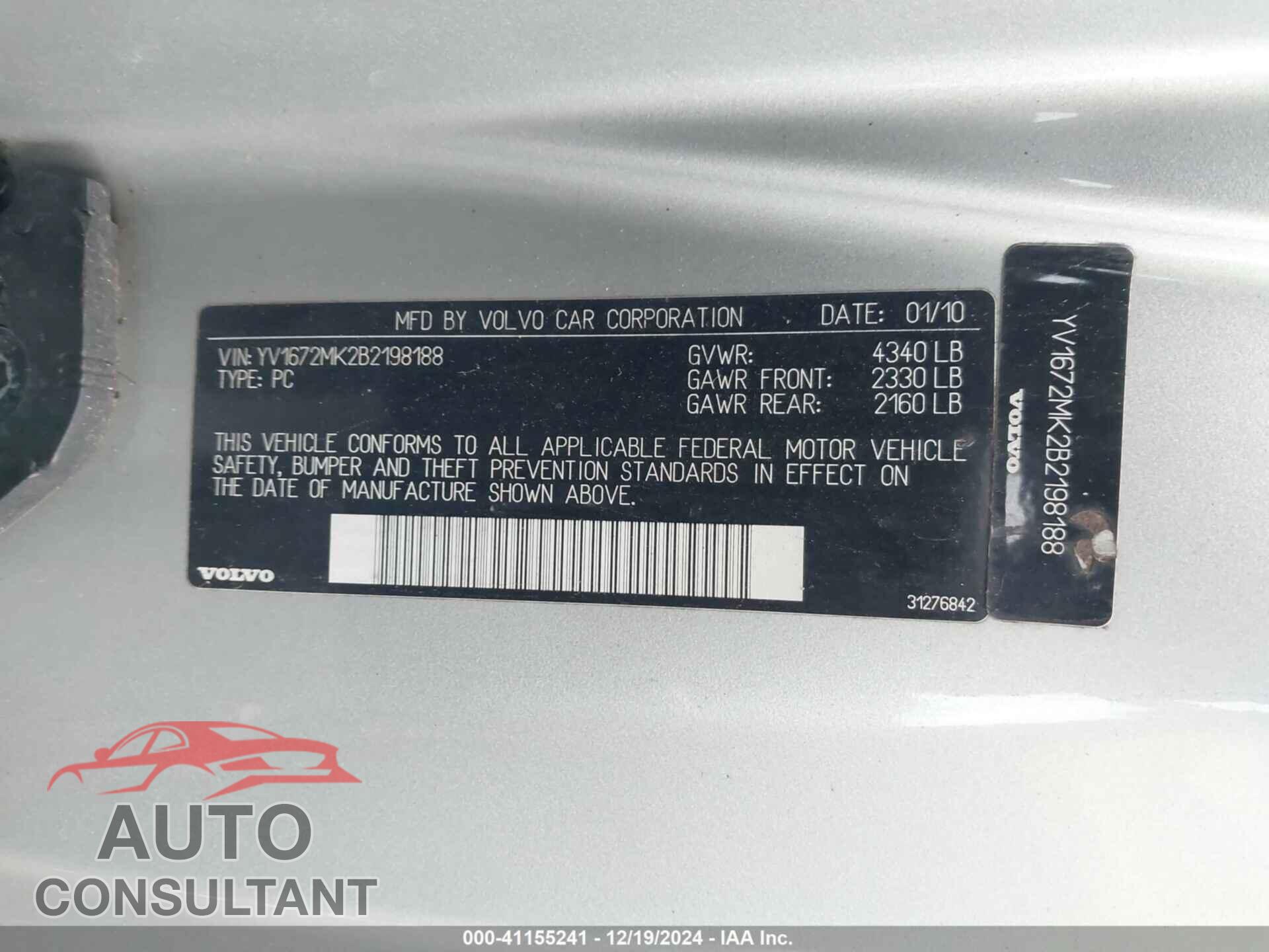 VOLVO C30 2011 - YV1672MK2B2198188