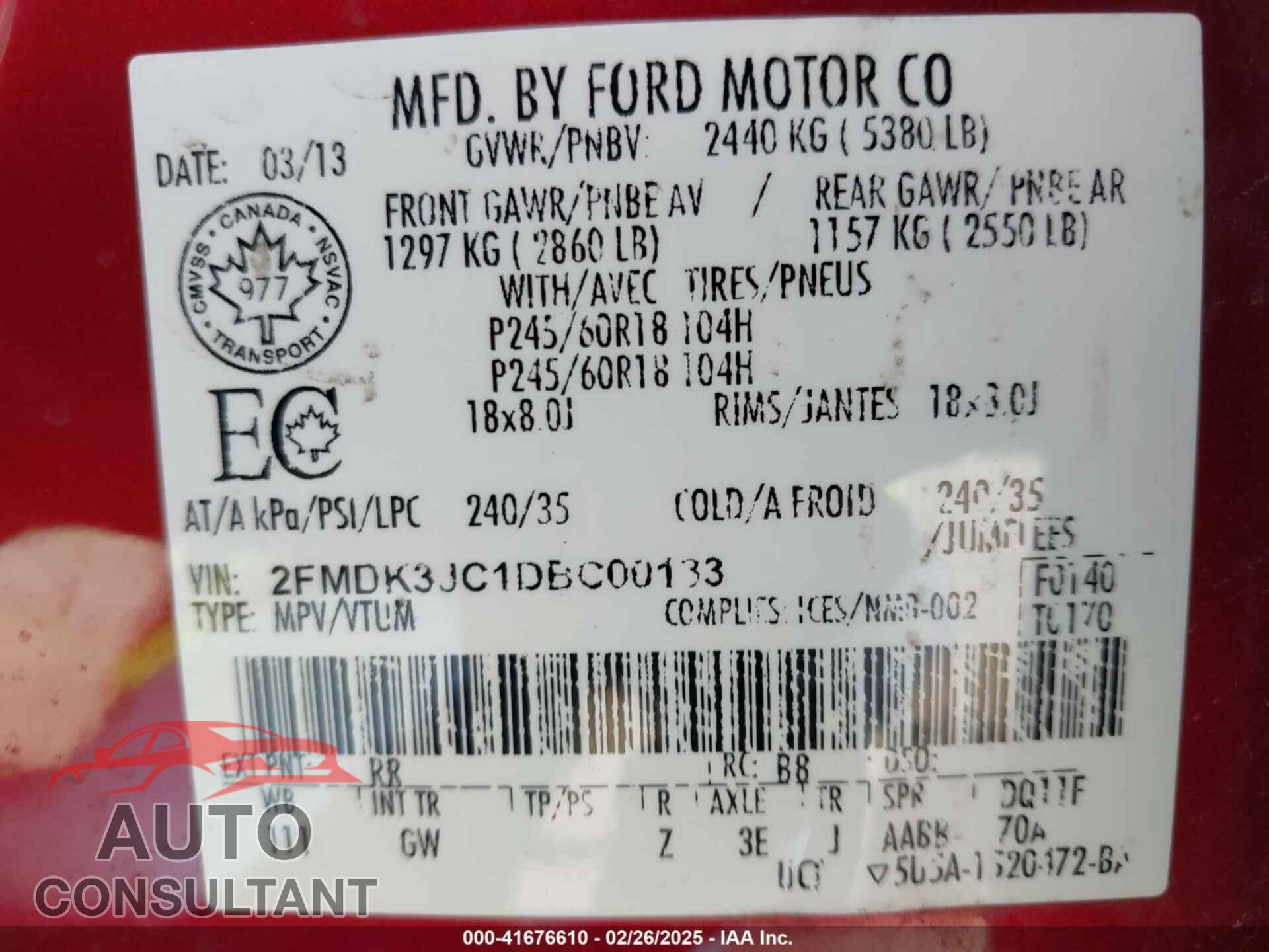 FORD EDGE 2013 - 2FMDK3JC1DBC00133