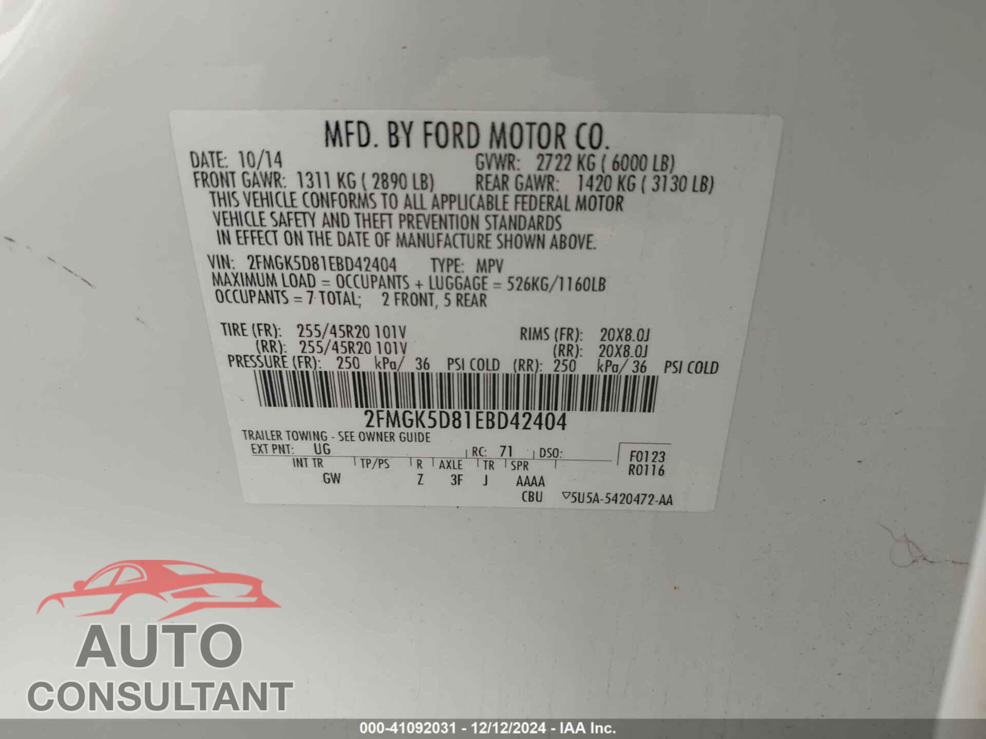 FORD FLEX 2014 - 2FMGK5D81EBD42404