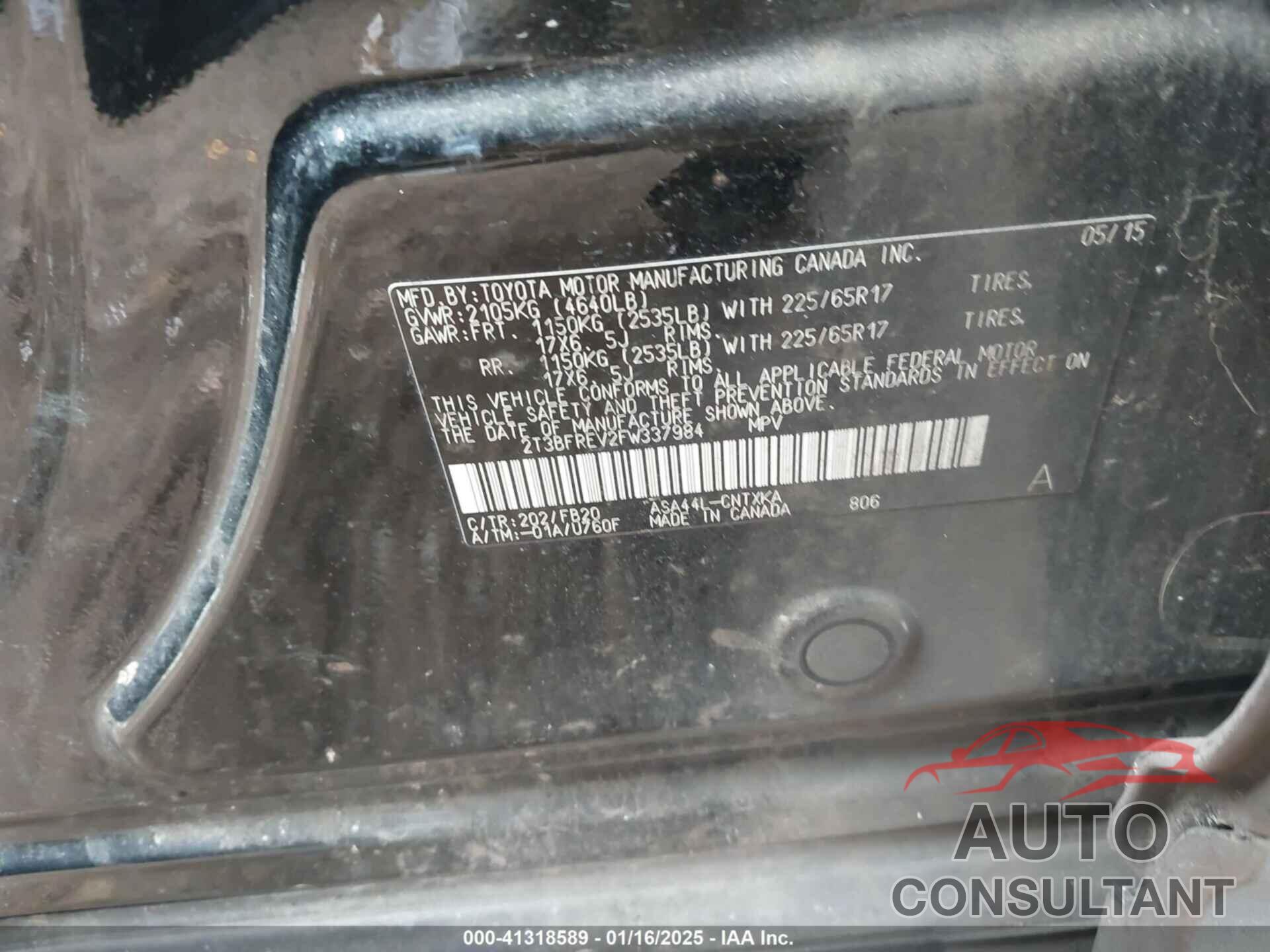 TOYOTA RAV4 2015 - 2T3BFREV2FW337984